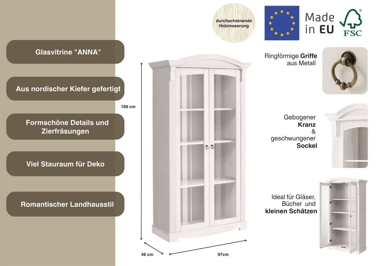 Home affaire Vitrine »Anna«, (Gesamtmaße (B/T/H): ca. 97/46/188 cm), mit Glastüren, Höhe 188 cm, Massivholz, mit Zierfräsungen, FSC®