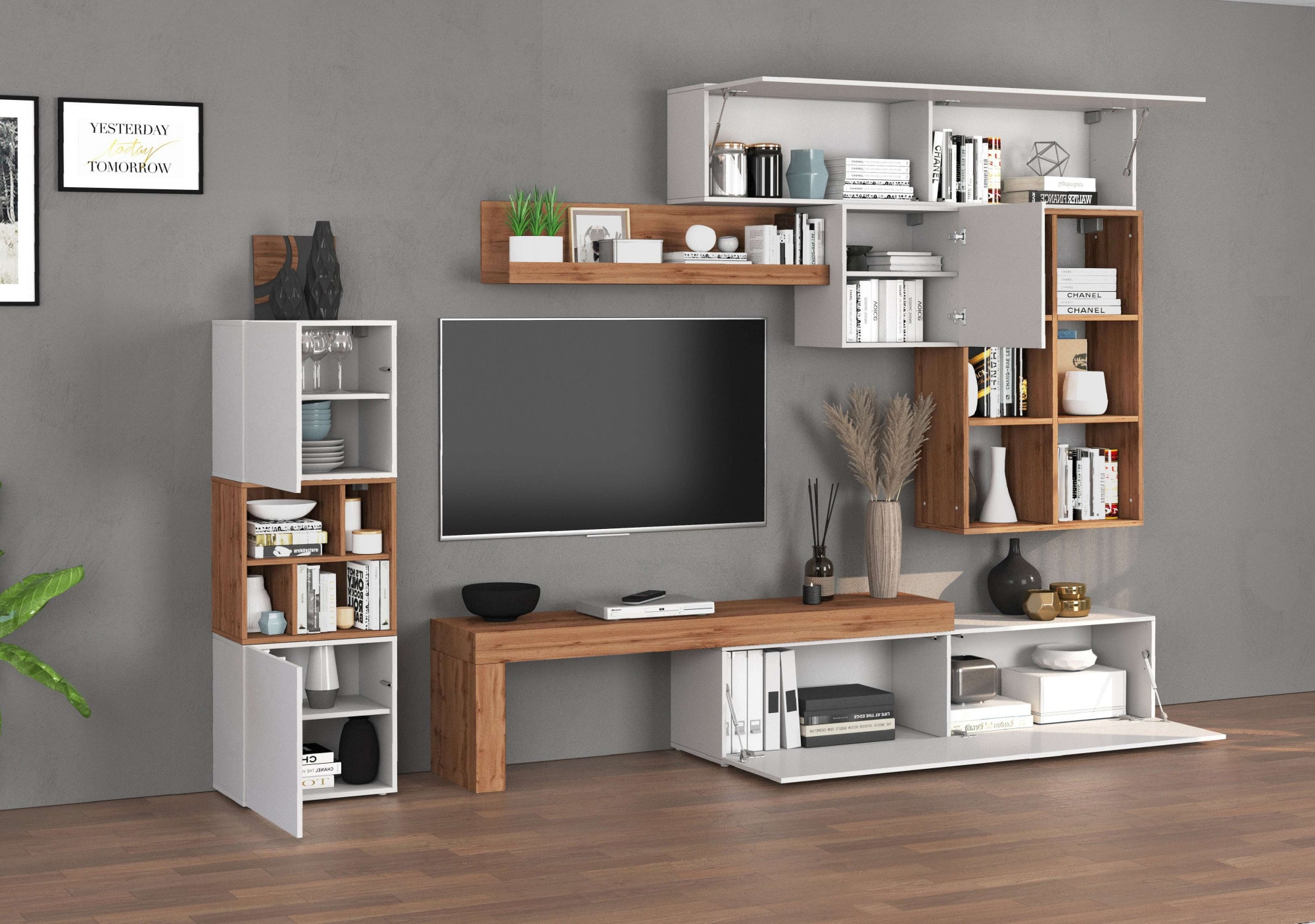 INOSIGN Wohnwand »Chronos Wohnwand, Medienwand, 8-er set«, (Set, 8 St.), ca. 320 cm mit Hängeschränke, Würfel, Regal, Lowboard, Made in Italy