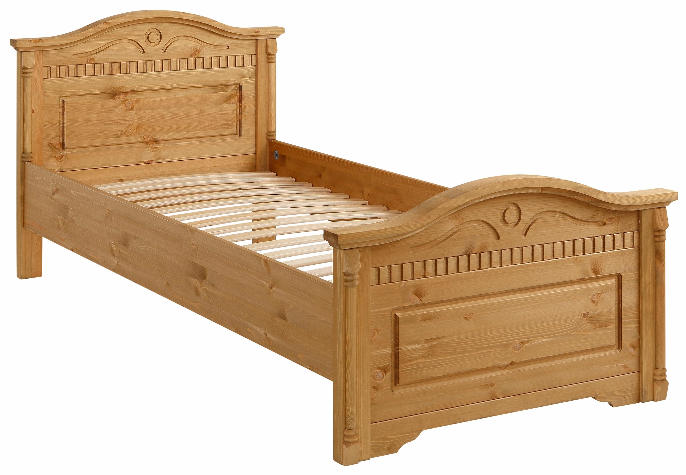 Home affaire Massivholzbett »Graz, hohe Belastbarkeit, klassischer Landhausstil, FSC® zertifiziert«, (Breite/Belastbarkeit 180cm/220 KG, 90cm/=120KG), mit dekorativen Fräsungen, inklusive Lattenrost