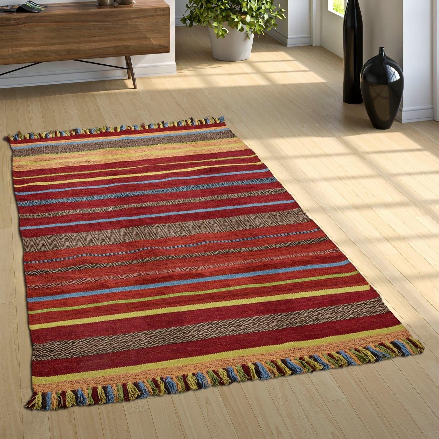 Paco Home Teppich »Kilim 213«, rechteckig, 12 mm Höhe, handgewebter Wendeteppich, reine Baumwolle, gestreift, Wohnzimmer