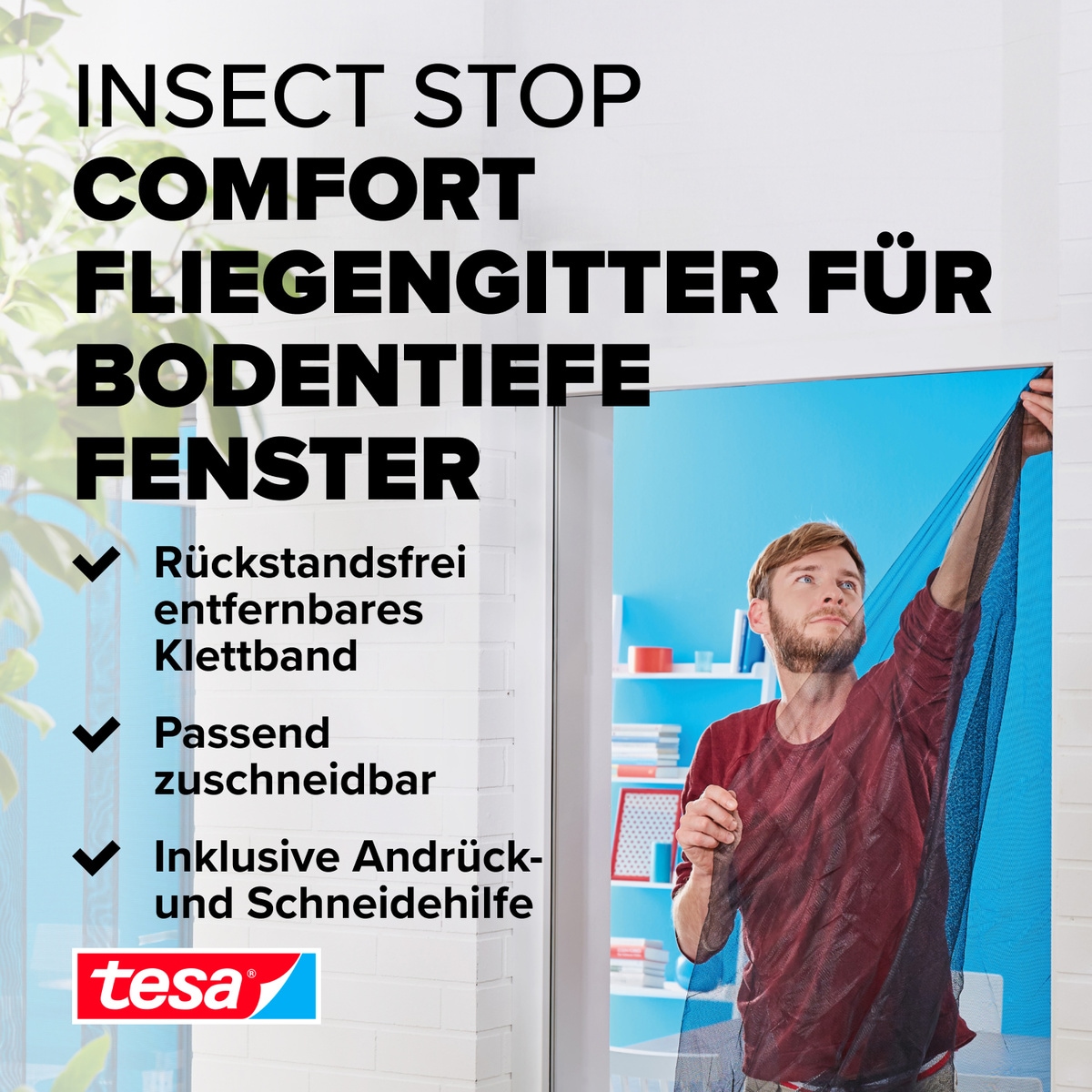 tesa Insektenschutz-Fensterrahmen »Insect Stop Comfort Fliegengitter bodentiefe Fenster - 1.2m : 2.4m«, Insektenschutzgitter - ohne Bohren - zuschneidbar