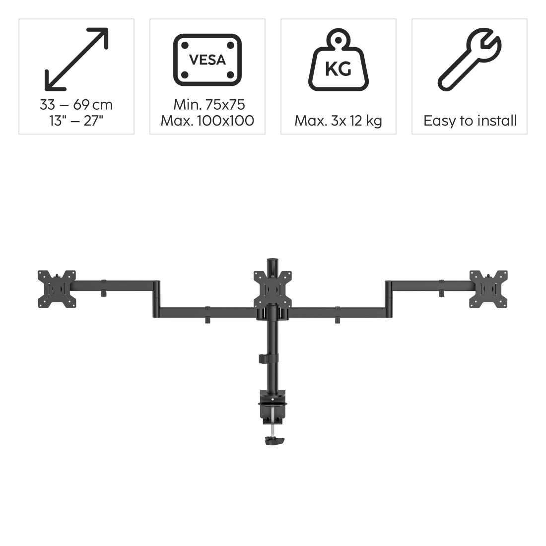Hama Monitor-Halterung »Dreifach Monitorhalterung höhenverstellbar für 13-27 Zoll« bis 69 cm Zoll 3 Monitore, 360° Rotation, VESA, Kabelmanagement, Stahl