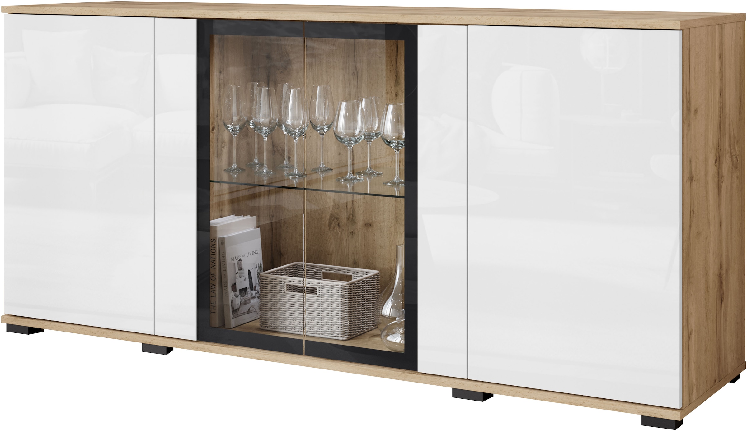 INOSIGN Sideboard »Caro, modernes Design mit Glaseinsätzen, Breite 150 cm«, (1 St.), Grifflose Fronten mit Push-to-Open, höhenverstellbare Einlegeböden