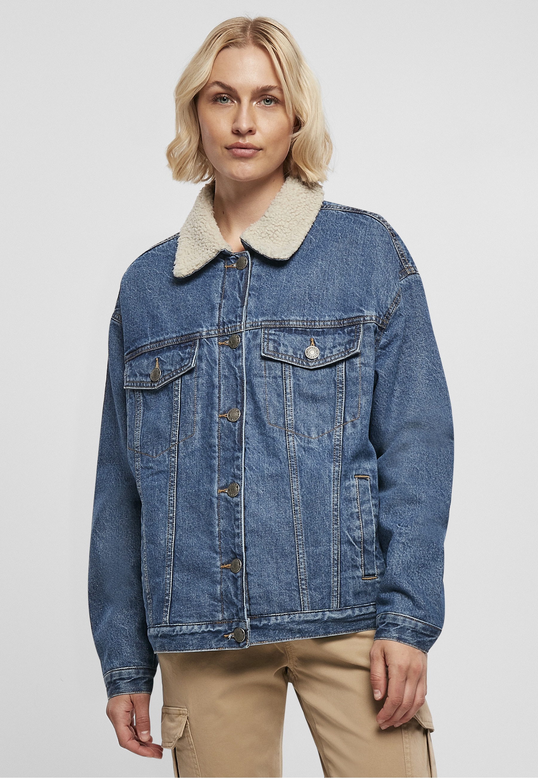 URBAN CLASSICS Jeansjacke »Urban Classics Damen Ladies Oversized Sherpa Denim Jacket« 1 Stk. tlg. ohne Kapuze