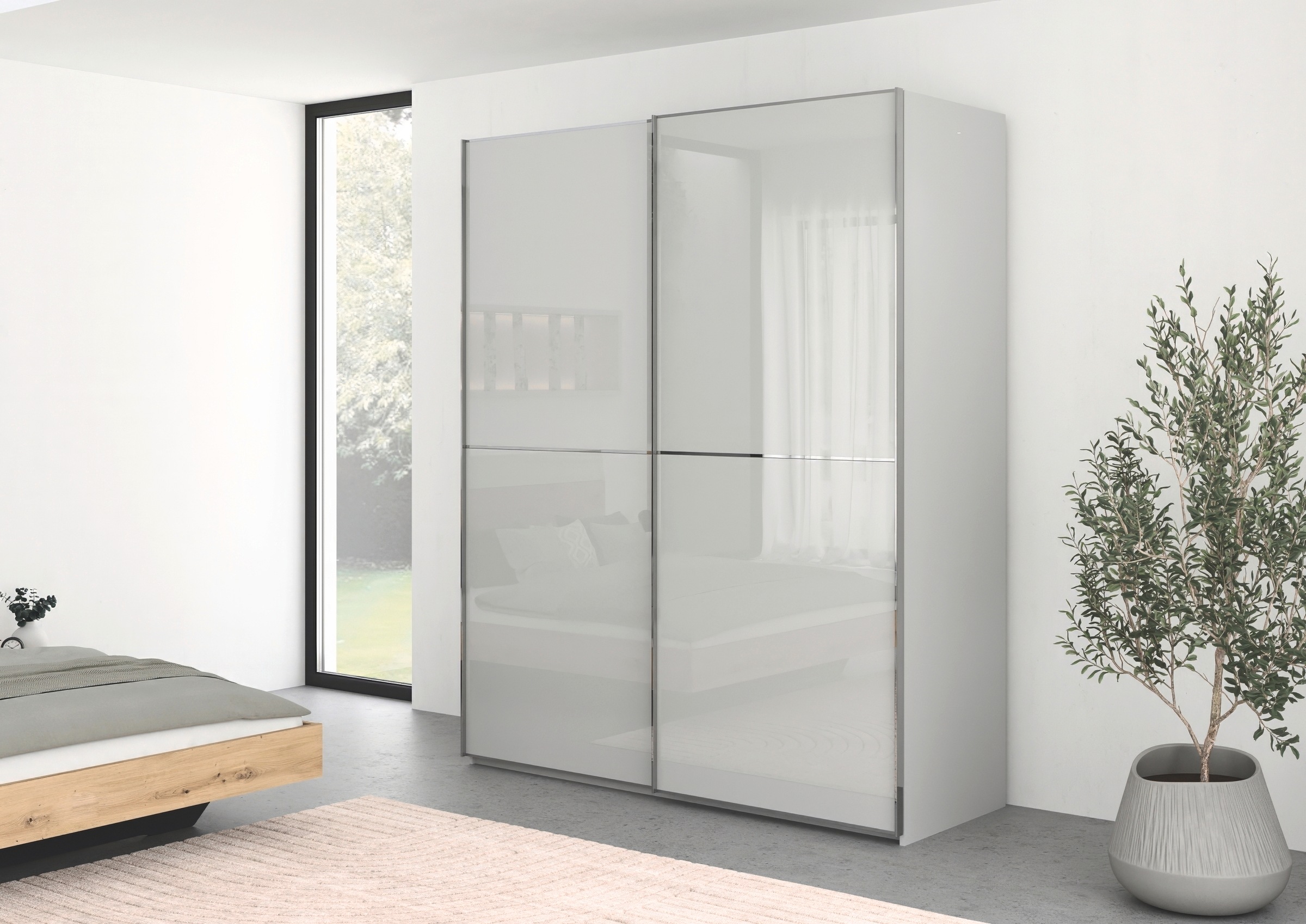 rauch Schwebetürenschrank »Kleiderschrank Schrank Garderobe Schlafzimmerschrank SCALE-DUO«, edle zweigeteilte Türen Glas-Front mit 3 Zierleisten MADE IN GERMANY