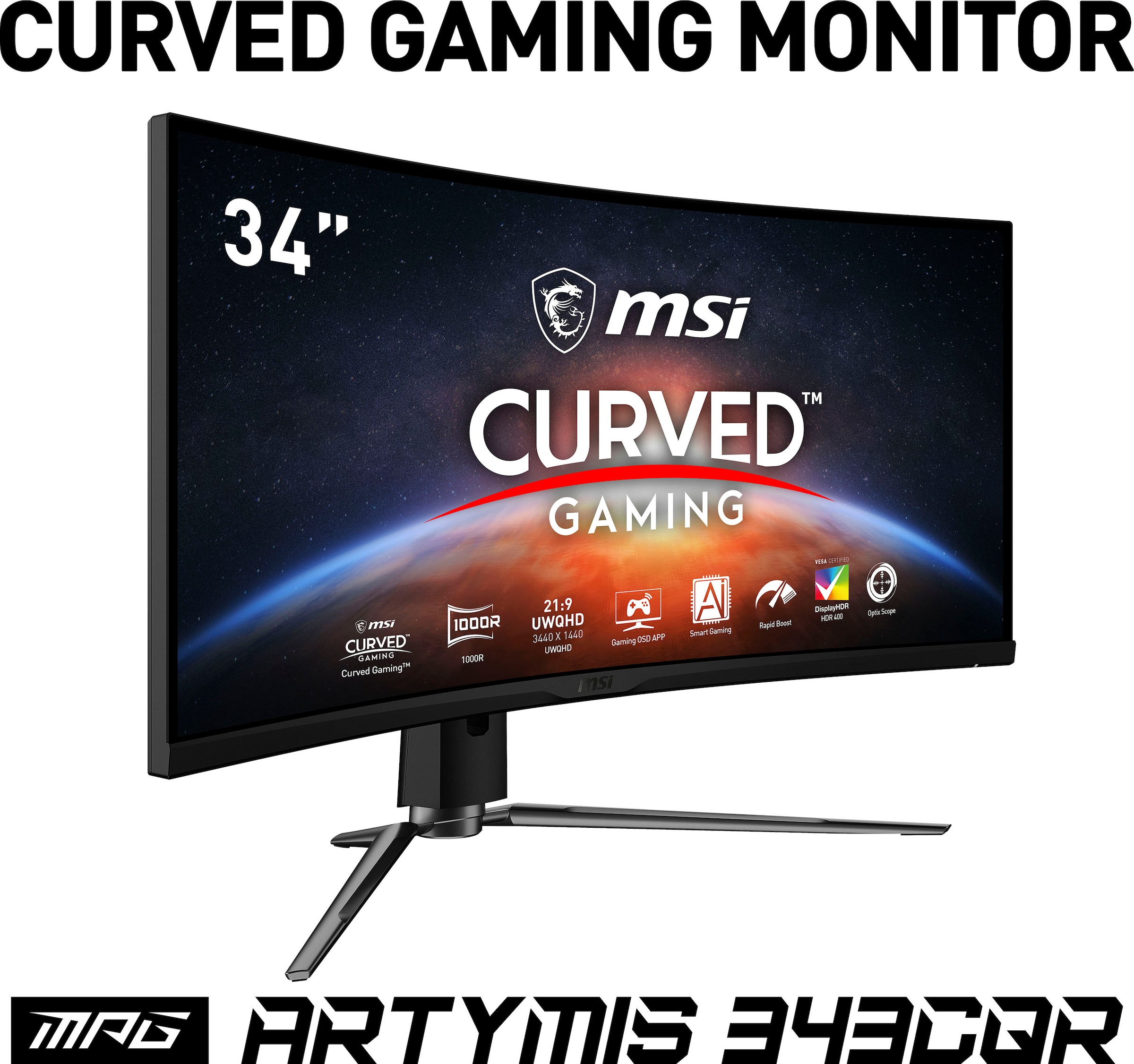MSI Curved-Gaming-LED-Monitor »MPG Artymis 343CQR«, 86 cm/34 Zoll, 3440 x 1440 px, UWQHD, 1 ms Reaktionszeit, 165 Hz, höhenverstellbar, 3 Jahre Herstellergarantie