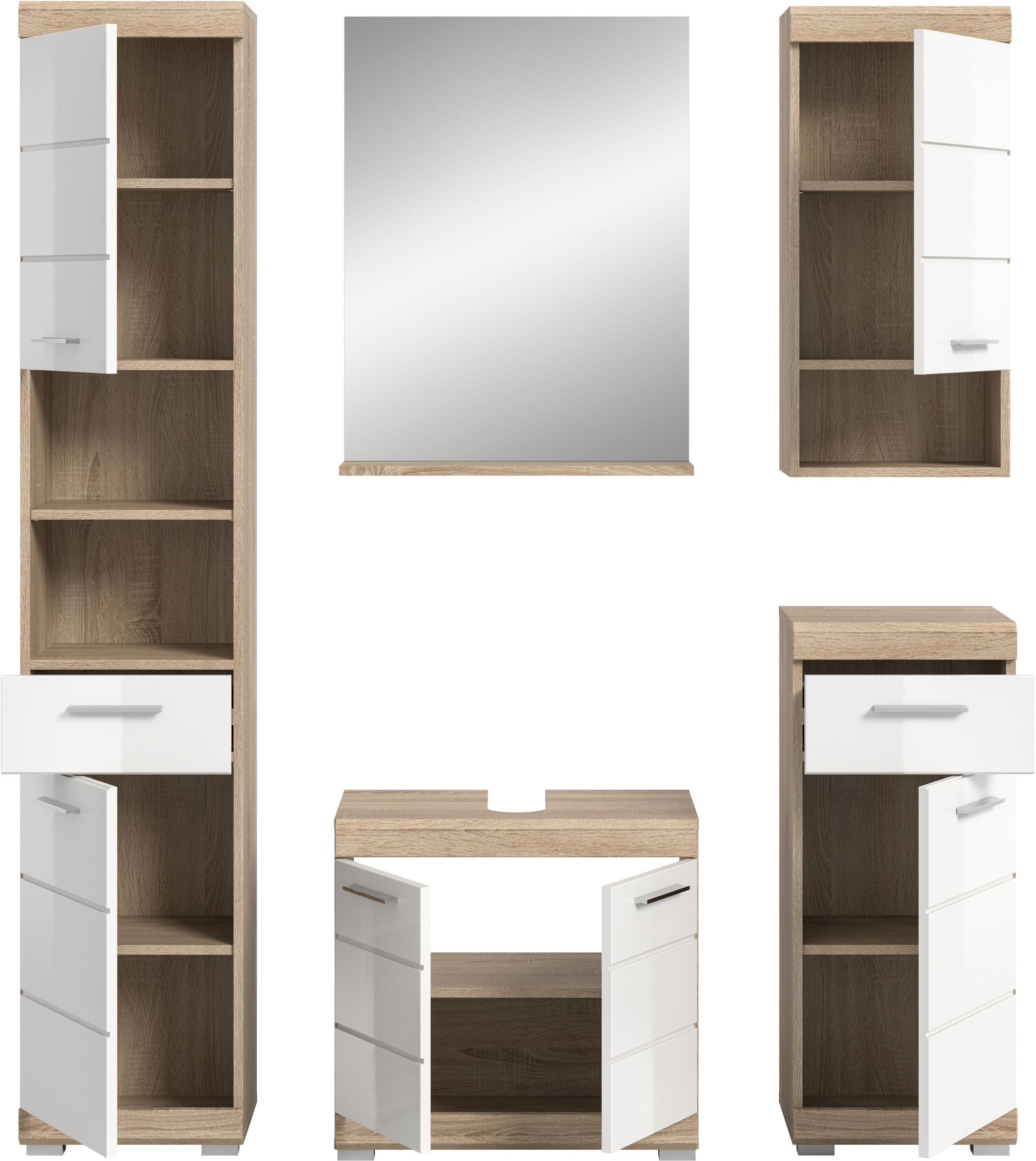 INOSIGN Badmöbel-Set »Siena, 5 teilig, bestehend aus:«, (Set, 5 St.), Hochschrank, WBU, Spiegel, Unterschrank, Hängeschrank