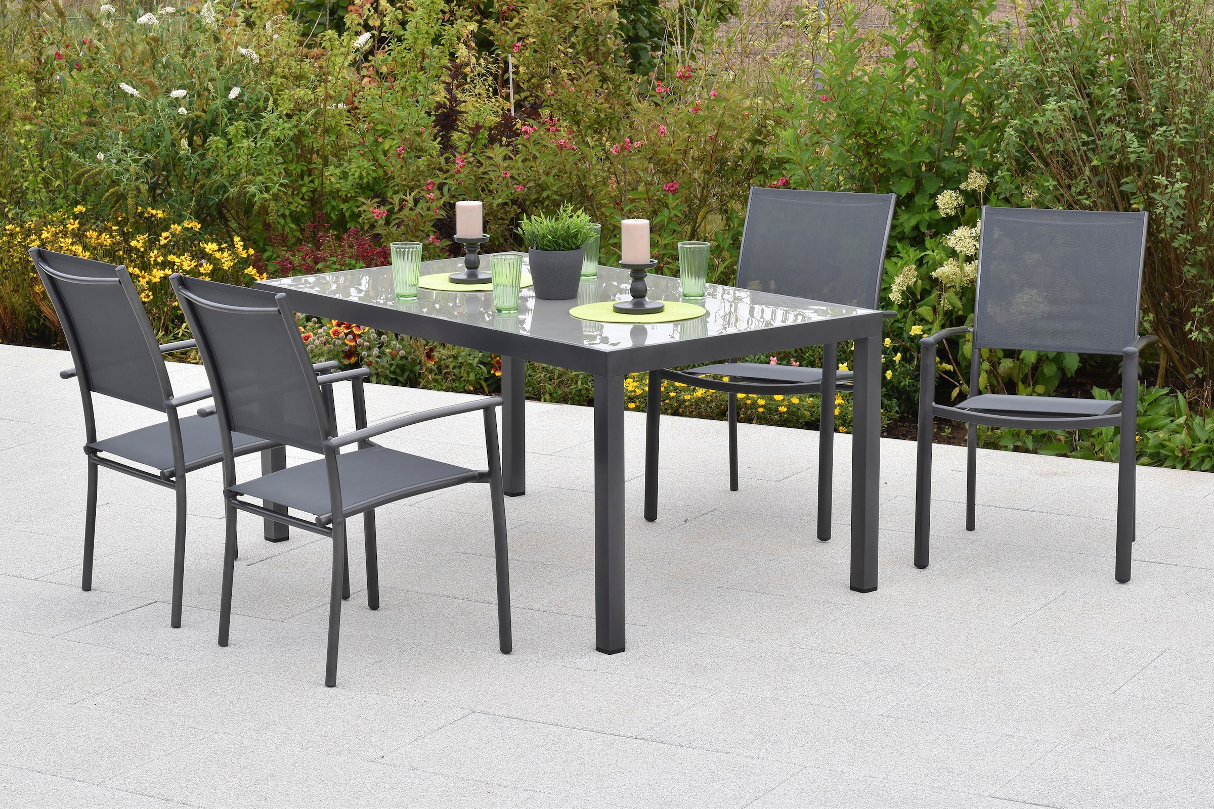 MERXX Garten-Essgruppe ""Milano"", (Set, 5 tlg.), Sessel stapelbar, graue G günstig online kaufen