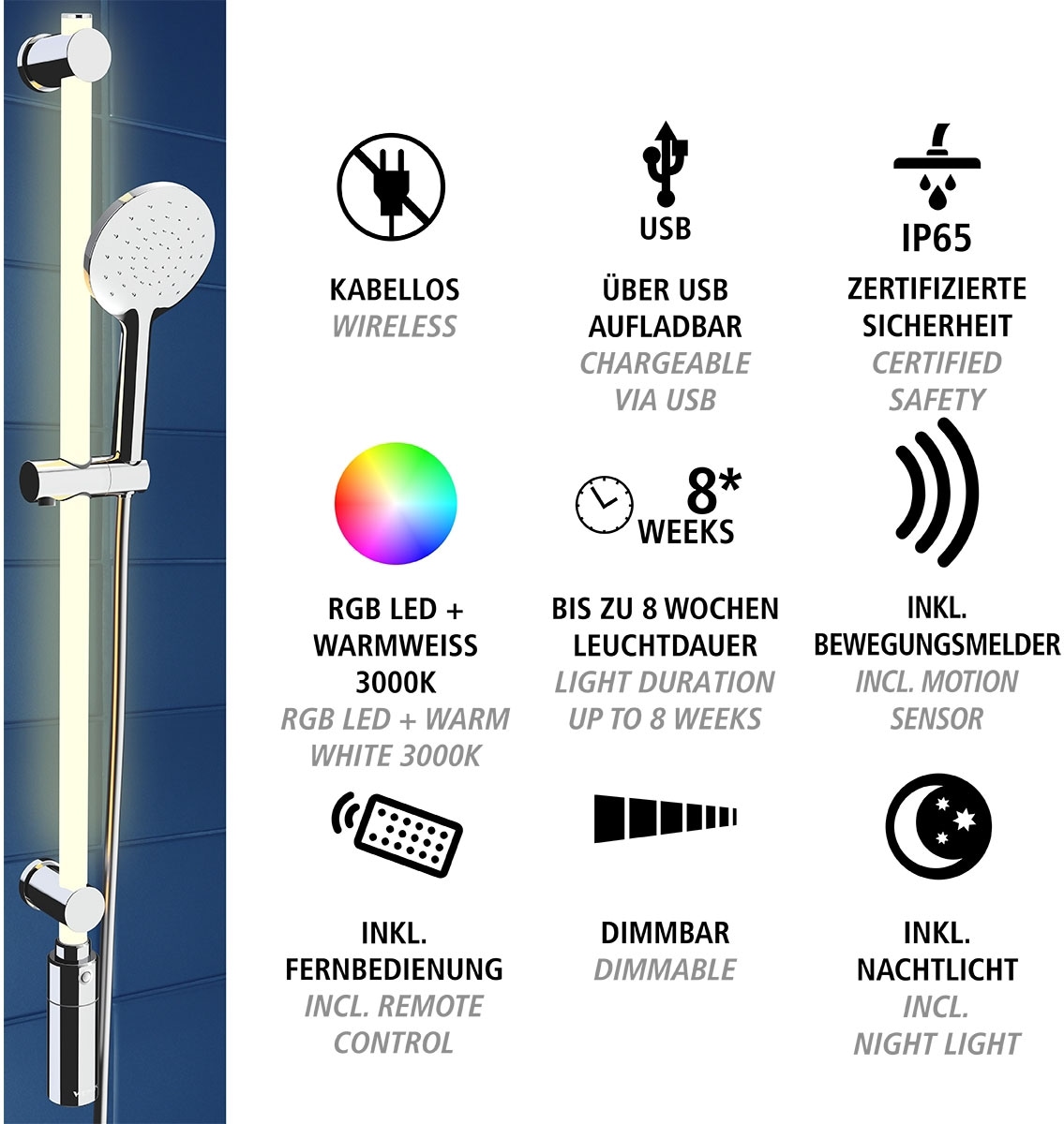 WENKO Stangenbrause-Set »Duschstange mit LED-Beleuchtung«, (3 tlg.), mit Duschkopf und Duschschlauch, inkl. wiederaufladbarer Einheit