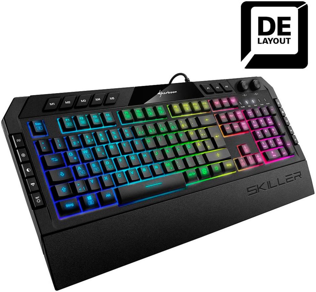 Sharkoon Gaming-Tastatur »Skiller SGK5«, (Angenehmes Tippen-Antirutsch-Füße-Fn-Tasten-Handgelenkauflage-Lautstärkeregler-Makro-Tasten-Profil-Speicher-USB-Anschluss-Windows-Sperrtaste-Ziffernblock)