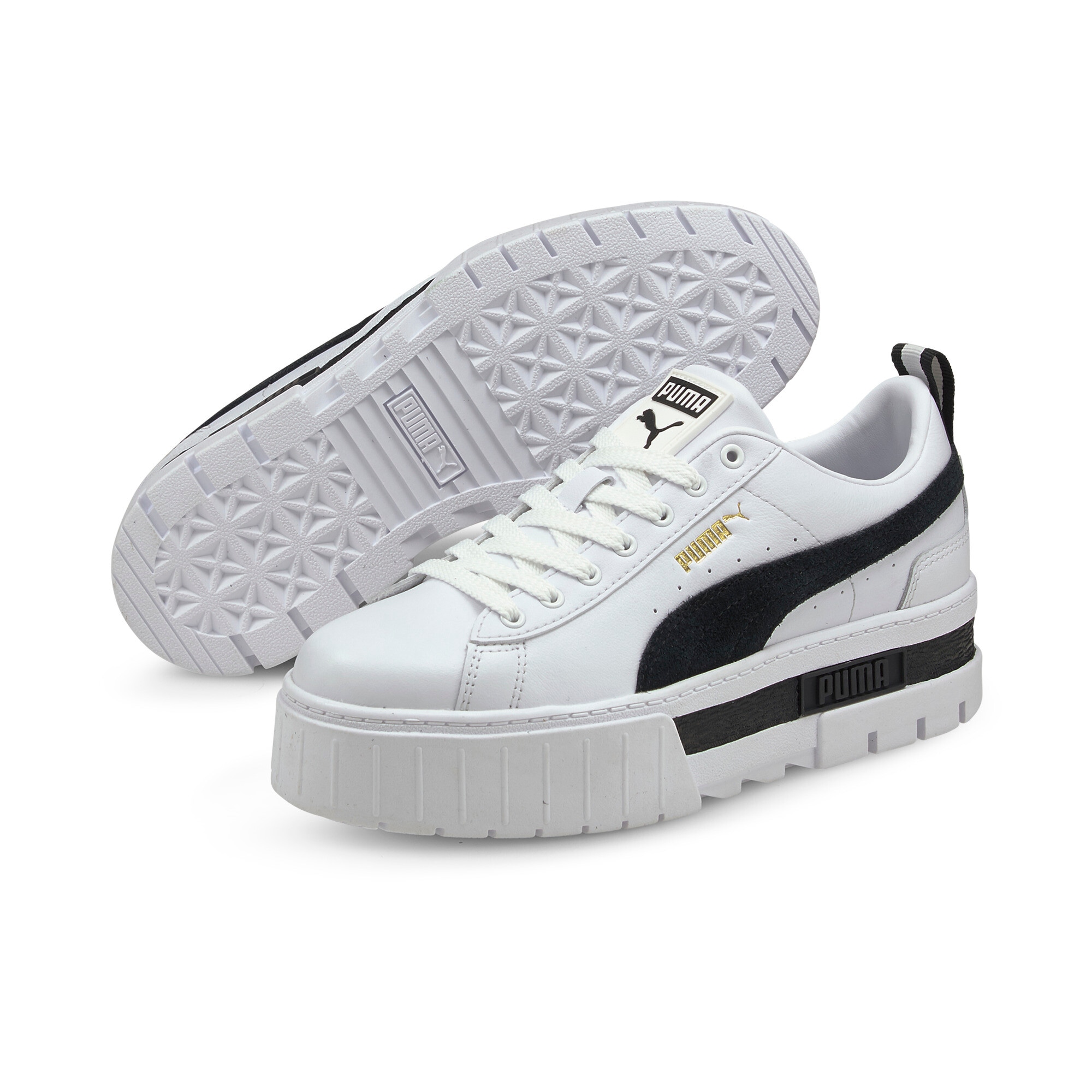 Sneaker PUMA "Mayze Sneakers Damen", Damen, Gr. 40, schwarz-weiß (weiß schwarz), Obermaterial: Textil, Synthetik, Kuhleder; Futter: Textil; Innensohle: Textil; Laufsohle: TR (Thermoplastischer Gummi), Schuhe Sneaker