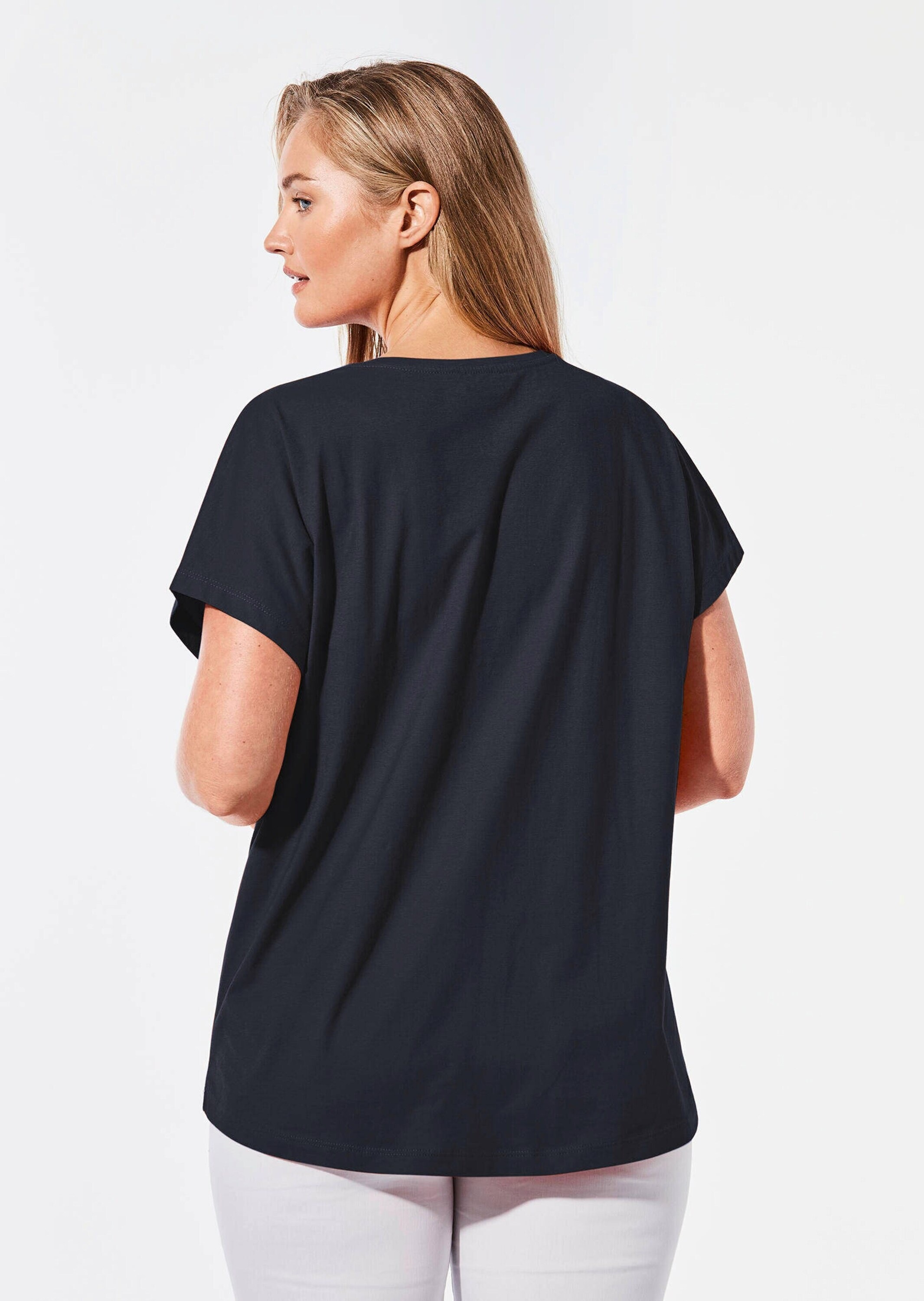 Kurzarmshirt GOLDNER "Shirt mit Rundhalsausschnitt", Damen, Gr. 50/52, blau (marine), Obermaterial: 100% Baumwolle CO., Gerade, Shirts, Tiefer Rundhalsausschnitt 3