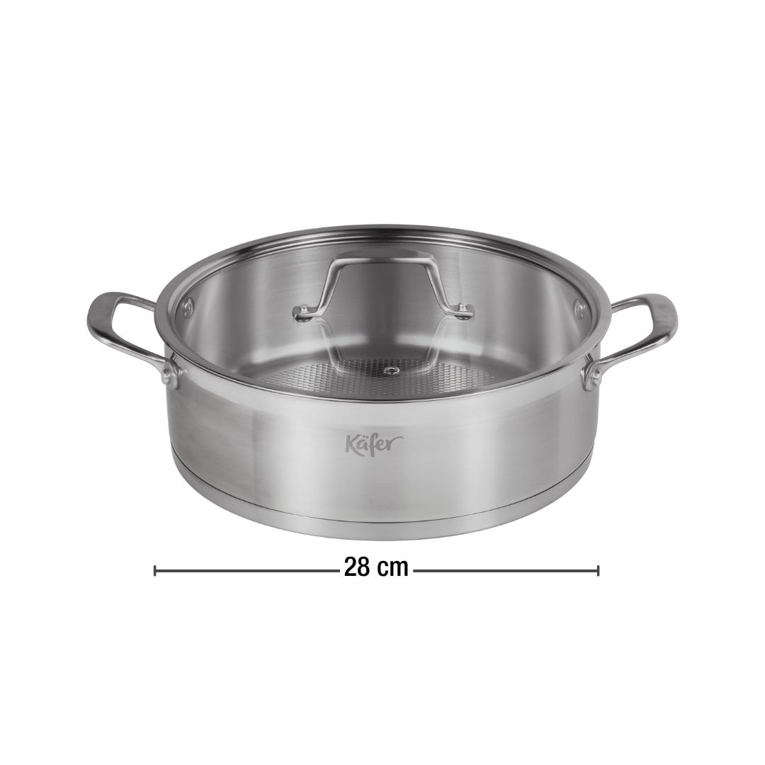 Käfer Servierpfanne »Käfer Pfanne aus Edelstahl«, Edelstahl 18/10, (2 tlg.), Ø 28 cm, Wabenboden, recycelter Edelstahl, induktionsfähig