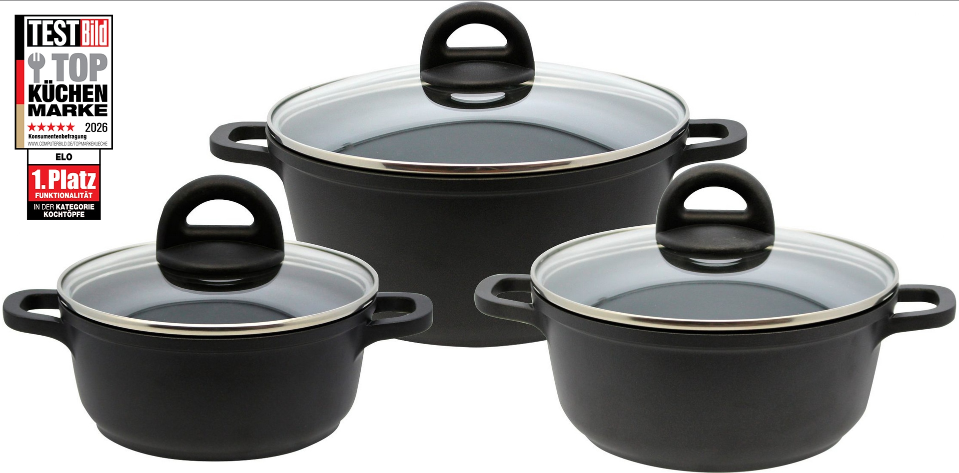 Elo Basic Topf-Set "Black" Set, 3 Töpfe mit Deckel, 6 Stk. tlg. Aluminiumguss