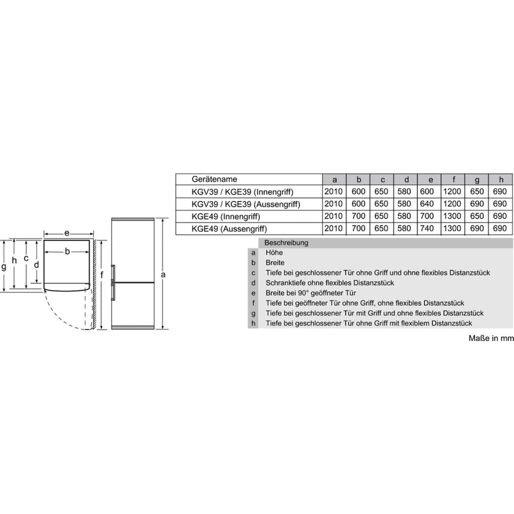 SIEMENS Kühl-/Gefrierkombination »KG39EA«, KG39EALCA, 201 cm hoch, 60 cm breit