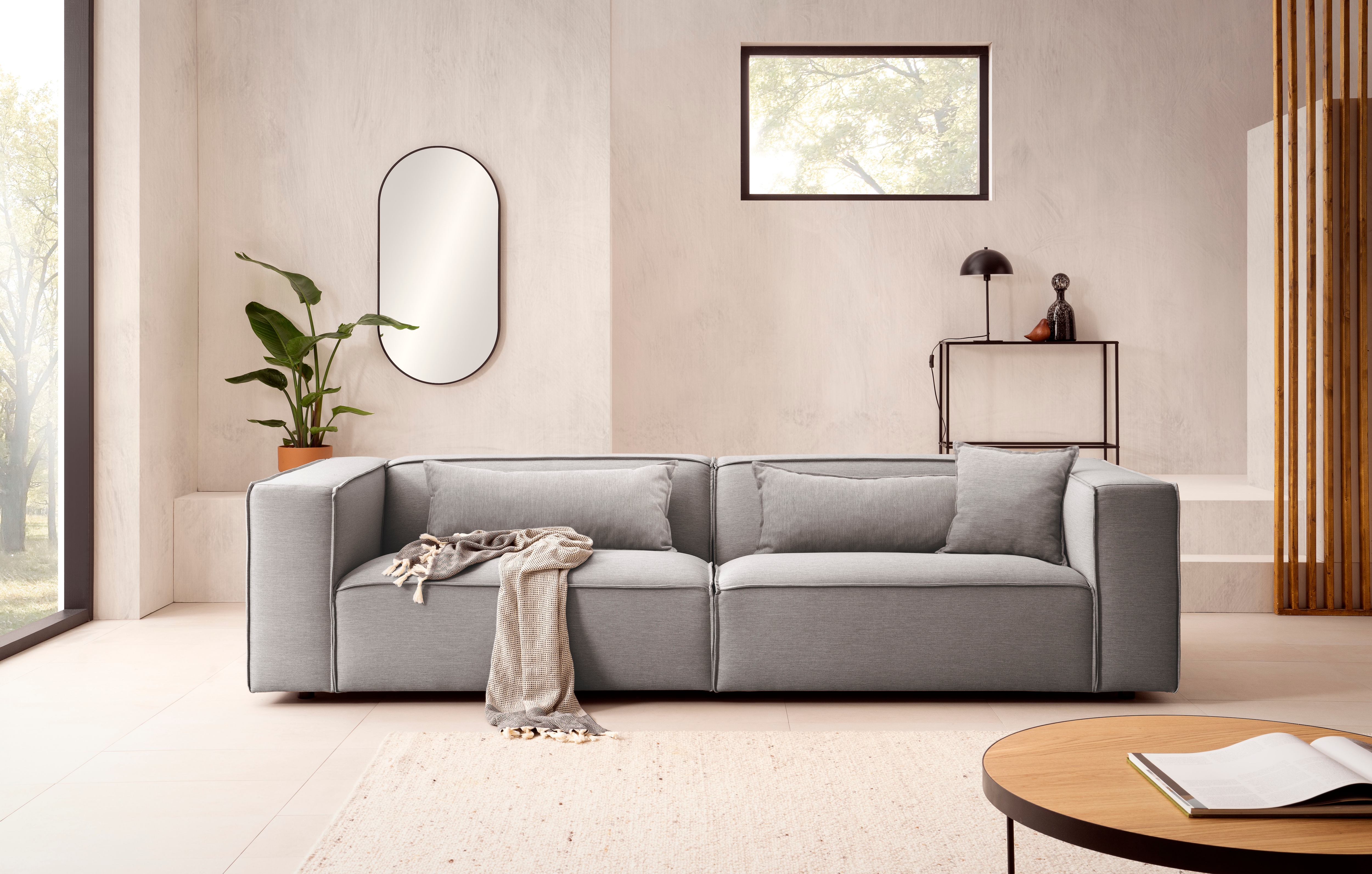 LeGer Home by Lena Gercke 3-Sitzer "PIARA, Struktur u. Leinenoptik, Sofa mit Kedernaht" schwarze Füße, bequemer Sitzkomfort