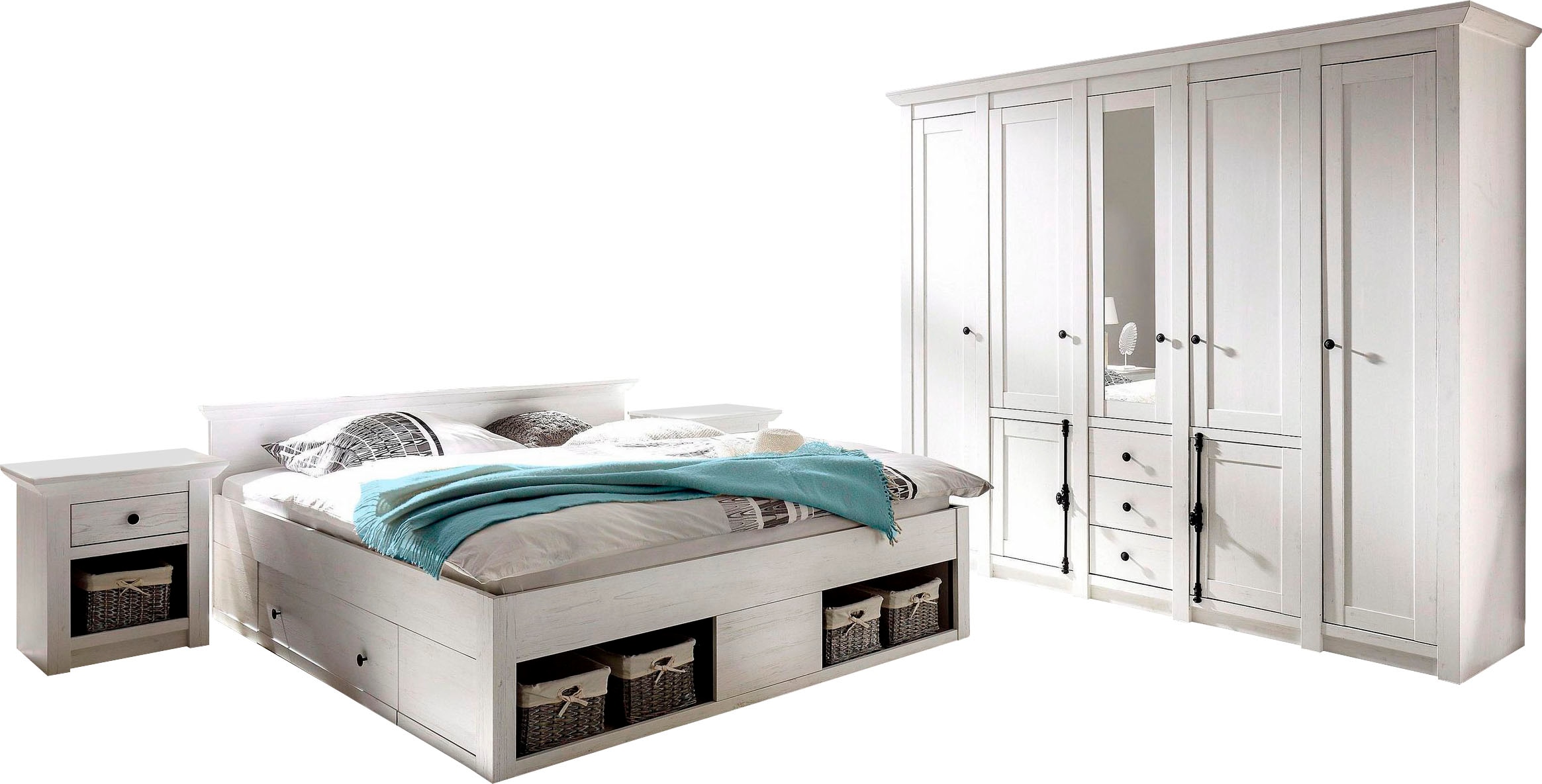Home affaire Schlafzimmer-Set »California«, (Set, 4 St.), groß: Bett 180 cm, 2 Nachttische, 5-trg Kleiderschrank