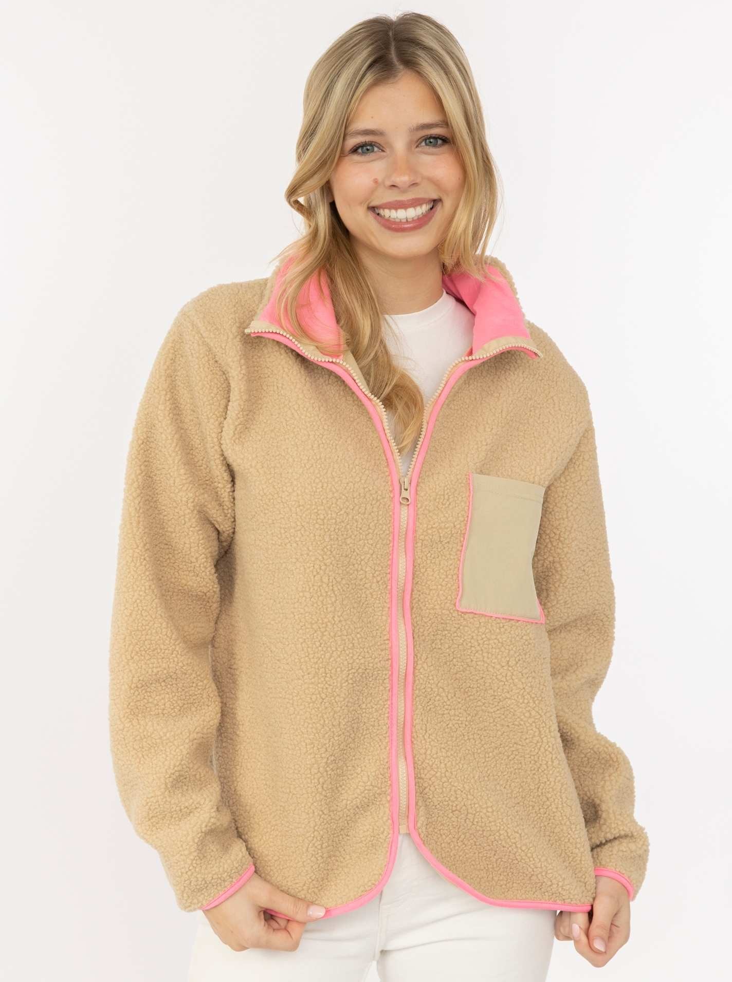 Zwillingsherz Bomberjacke ""Classic"" kuscheliges Teddy-Fleece, Kontrastdetails, Brutstasche, Stehkragen