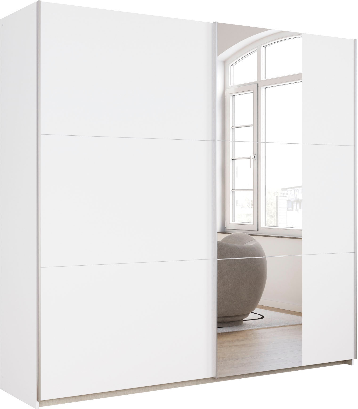 rauch Schwebetürenschrank "Kleiderschrank Drehtürenschrank Schrank Garderobe KRONACH" in 3 Ausstattungen BASIC/CLASSIC/PREMIUM, Breiten 131/175/218/261 cm, optional ohne, mit 1 oder 2 Spiegel, viel Stauraum MADE IN GERMANY