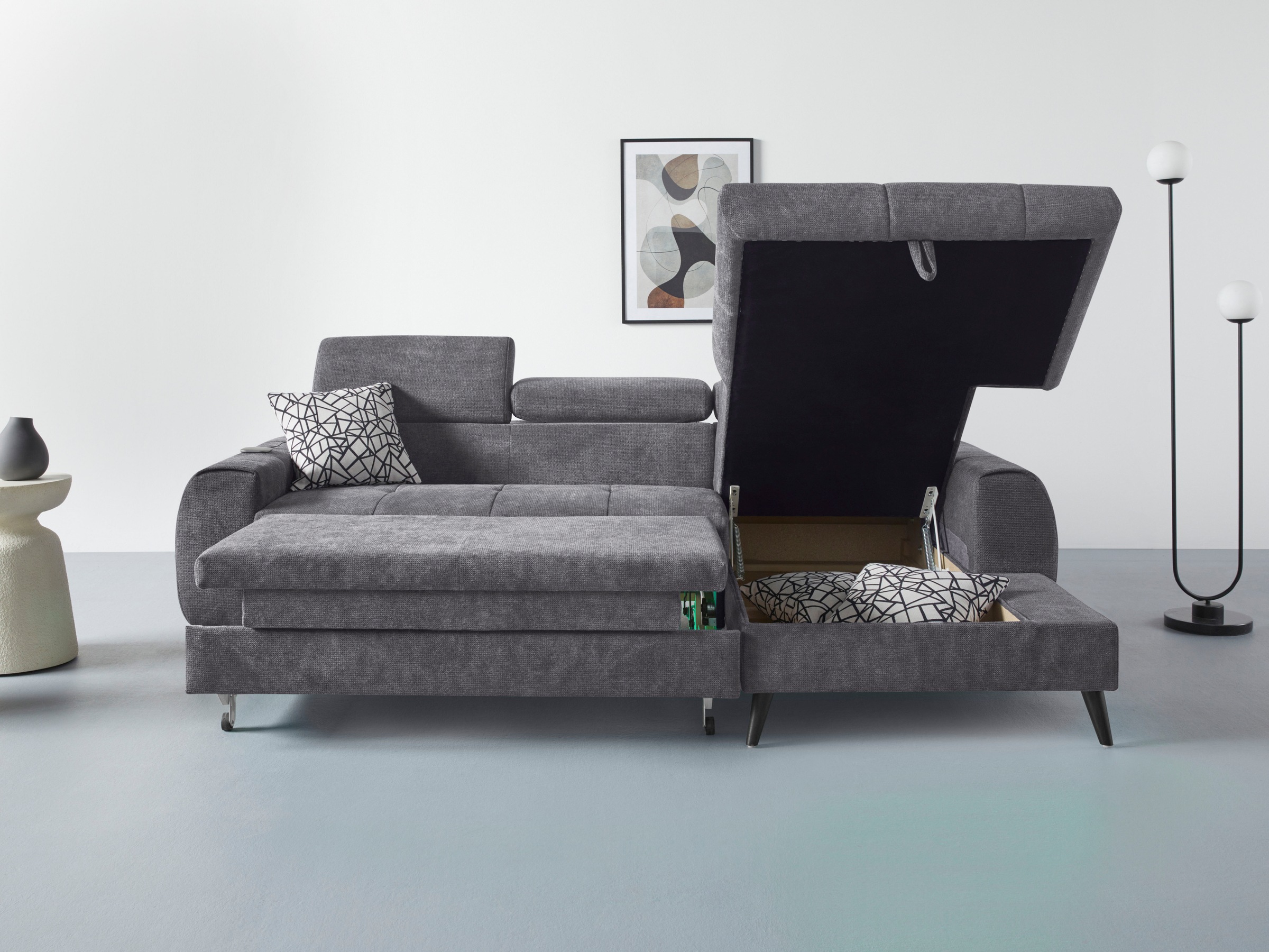 COTTA Ecksofa »Mia L-Form mit 3 Zierkissen«, wahlweise mit Bettfunktion, Bettkasten, Beleuchtung & Wireless-Charger