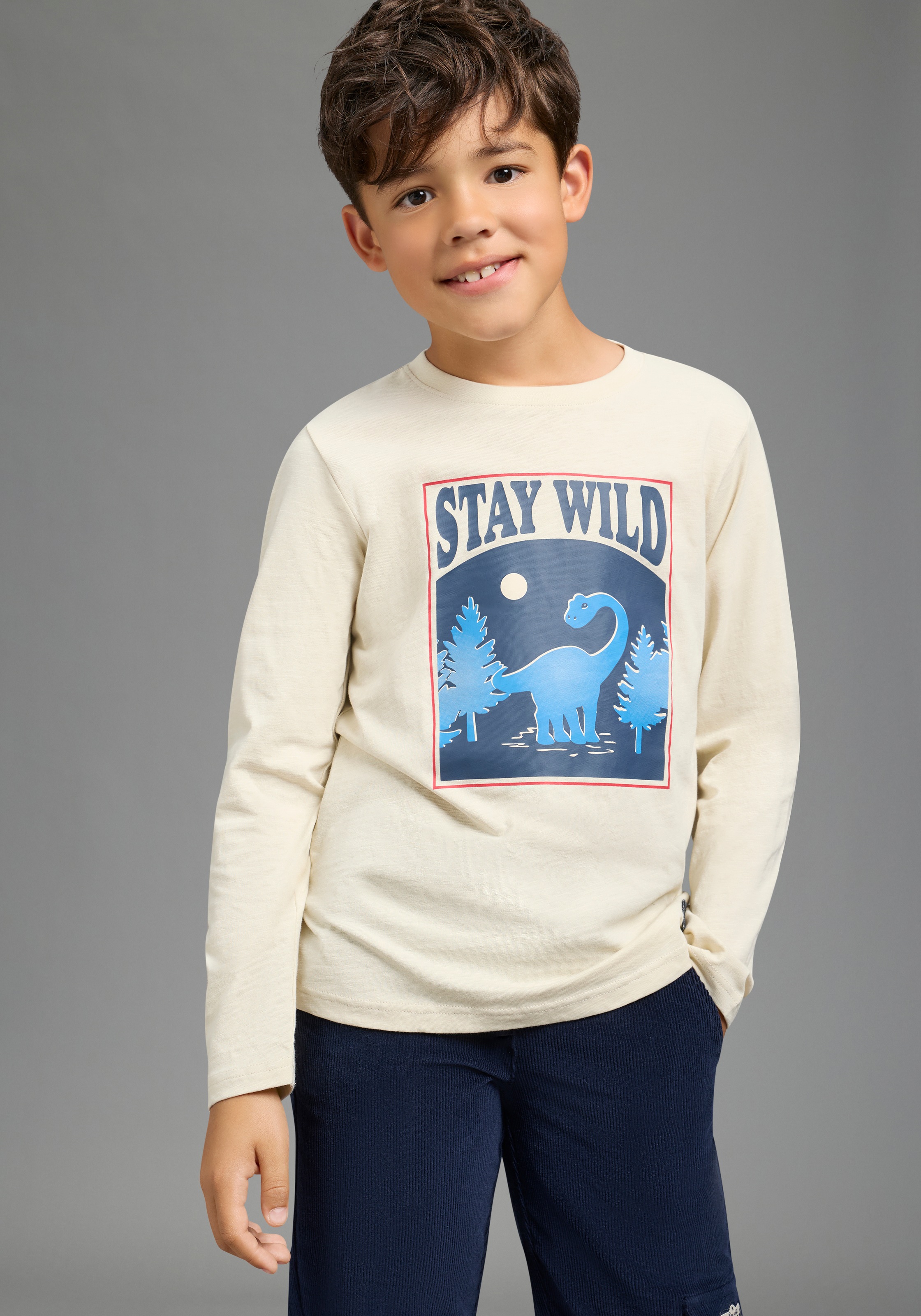 Scout Langarmshirt »Shirt mit coolem Dino-Print, modisches Melangegarn« mit Spruch: STAY WILD, mit Langarm, modischer Basic-Schnitt