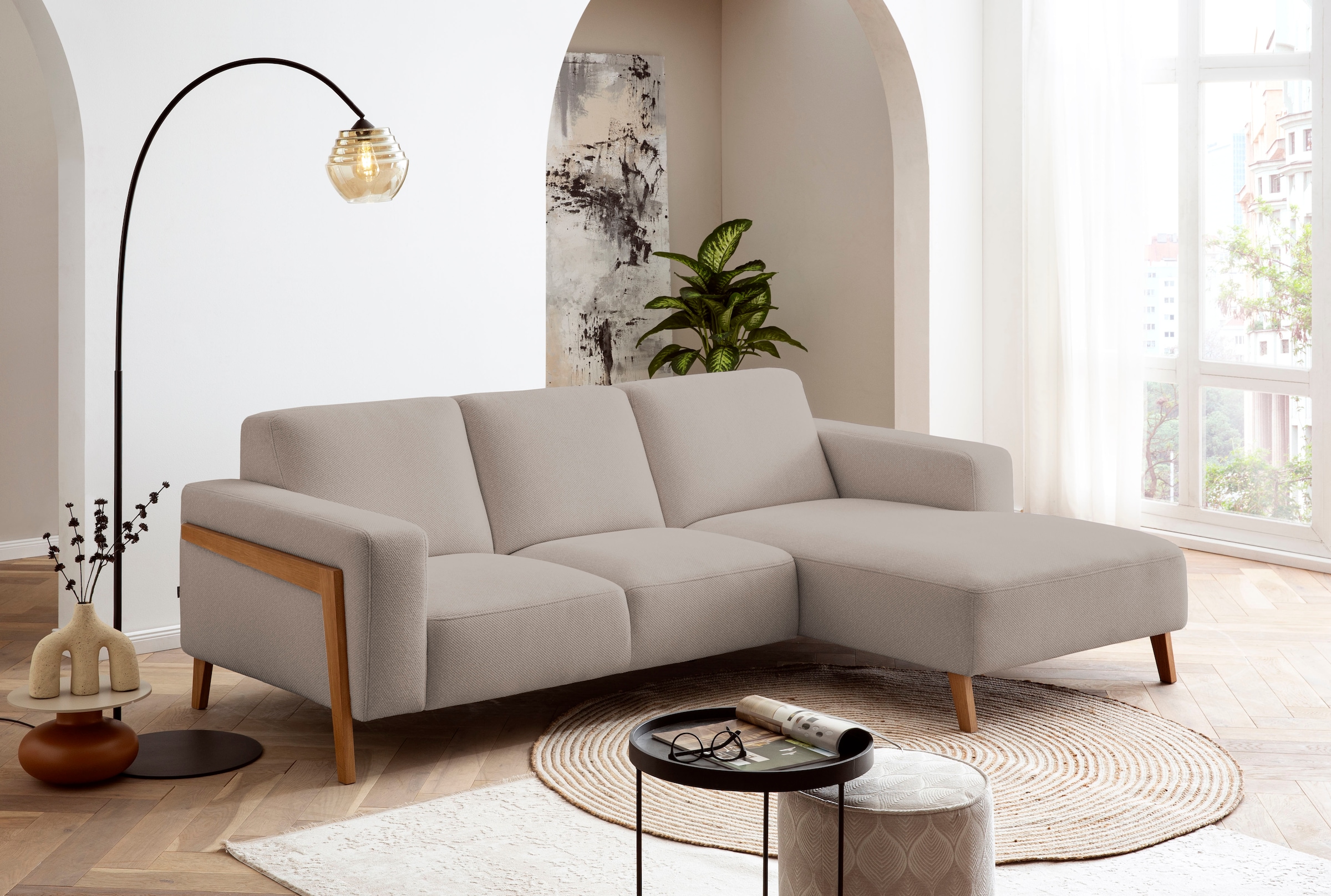 exxpo - sofa fashion Ecksofa »Starr, modern und klassisches Design, hochwertige Verarbeitung, bequem«, L-Form, wahlw. elektrische Sitztiefenverstellung, Massivholzfüße