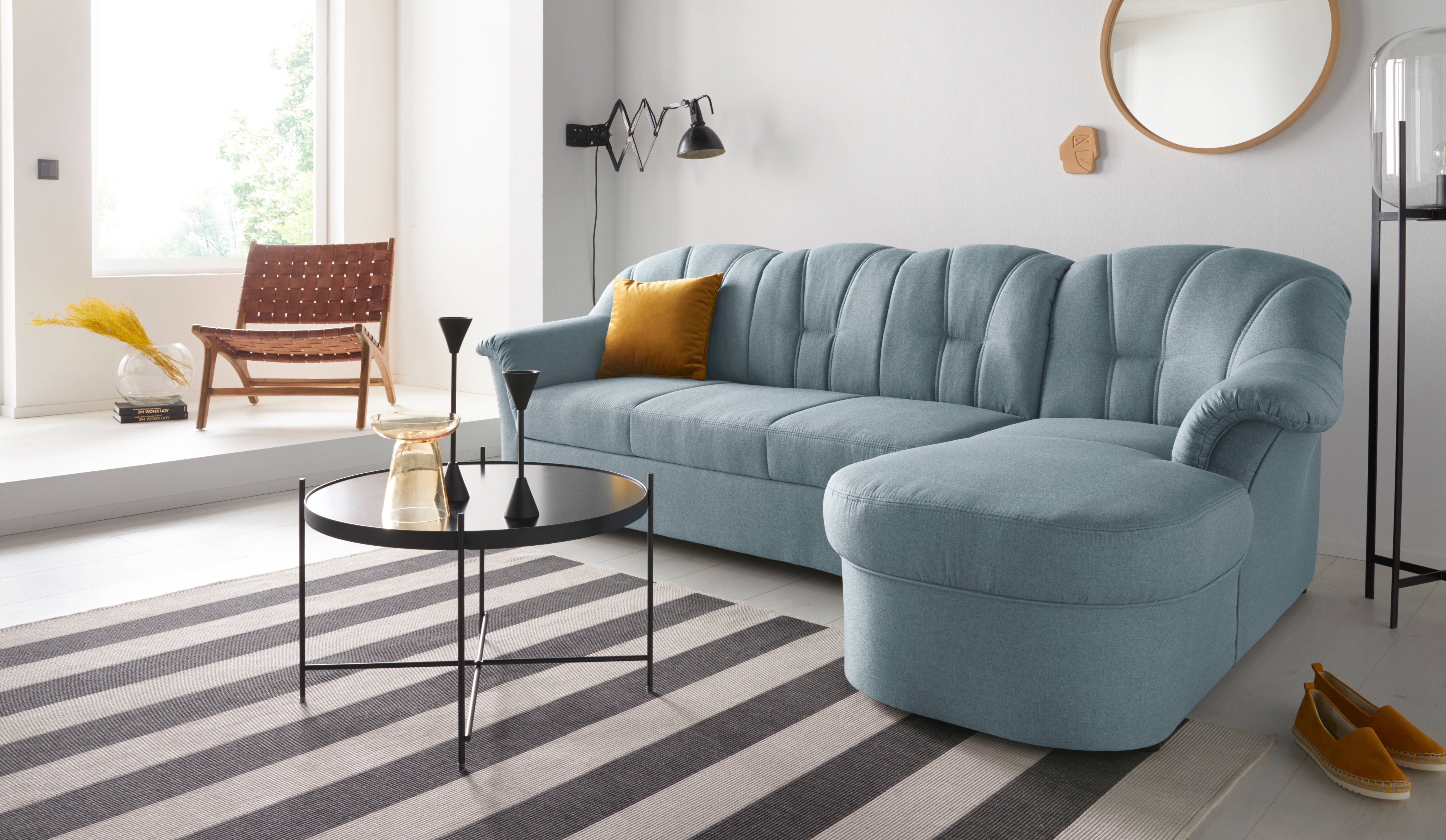 DOMO collection Ecksofa "Papenburg, zeitlose Rückensteppung, elegante Formensprache, L-Form" in großer Farbvielfalt, wahlweise mit Bettfunktion