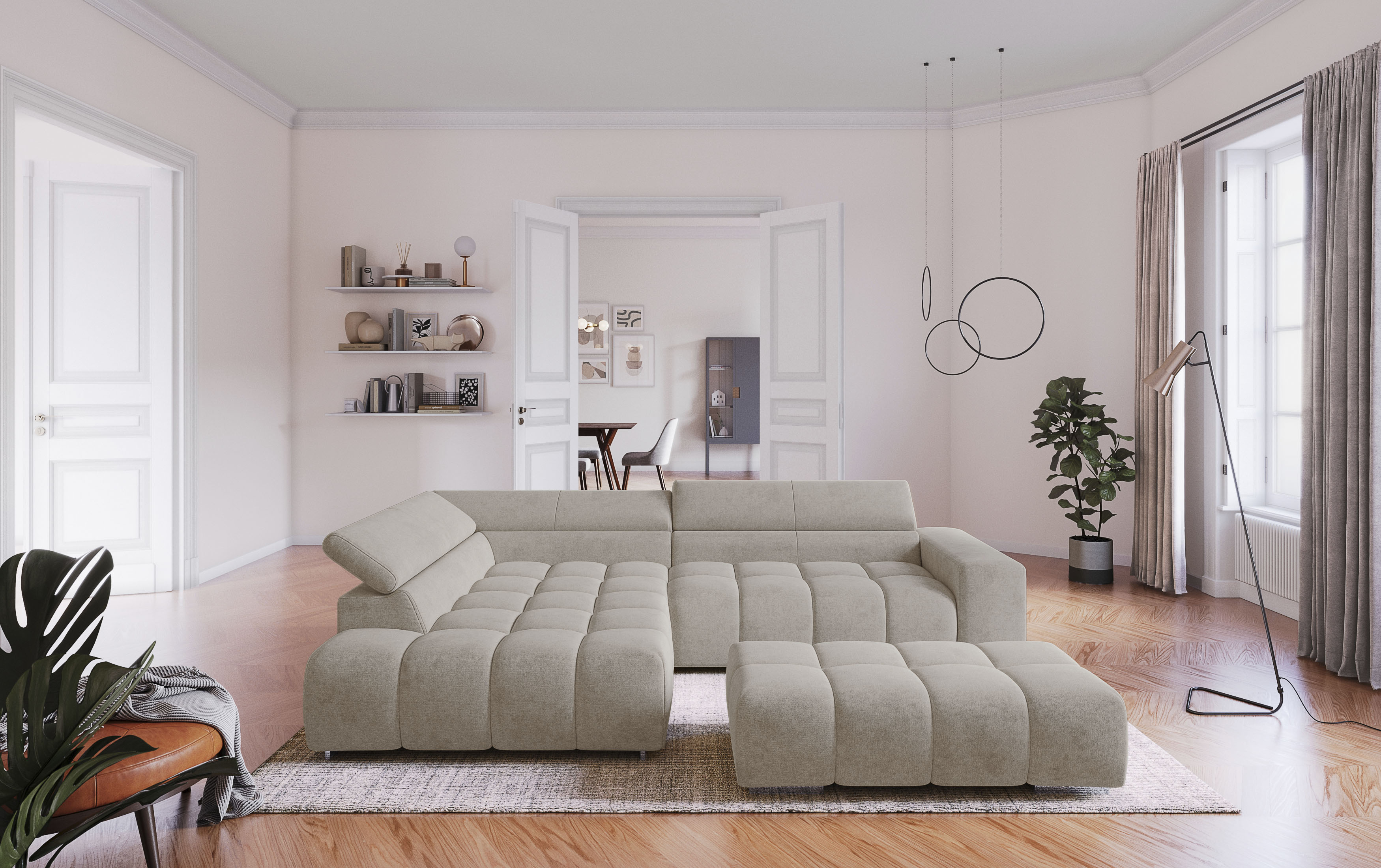 COTTA Ecksofa "Orion L-Form, B: 310 cm, moderne Steppung, bequeme Wellenunterfederung" Kopfteilverstellung & 5 Nierenkissen