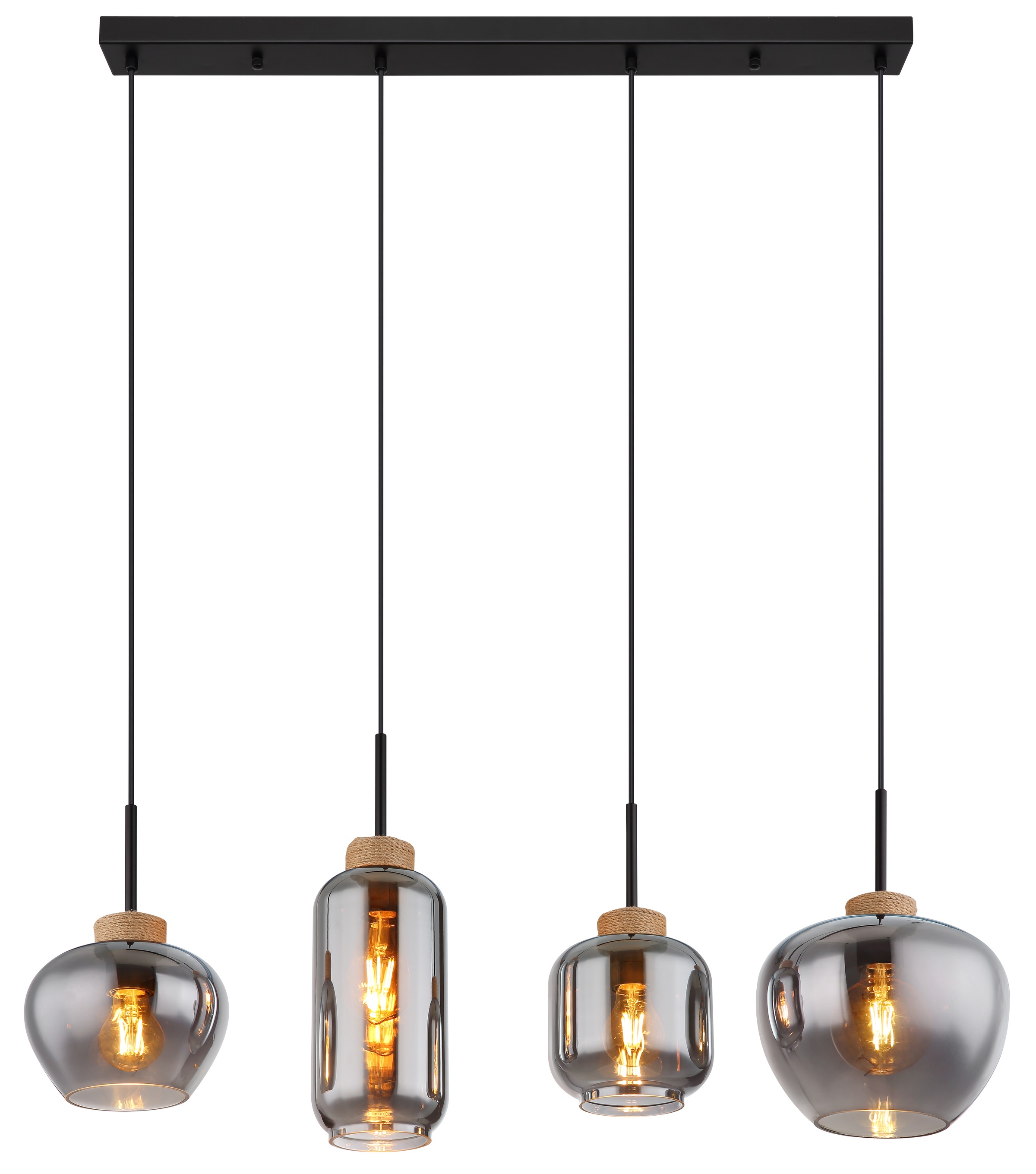 "GLOBO LIGHTING Hängeleuchte ""MATT"", schwarz (schwarz matt), 4, H: 120cm, 1 Stk., Leuchten, Hängeleuchte Schwarz/Hanf, Rauchglas, höhenkürzbar