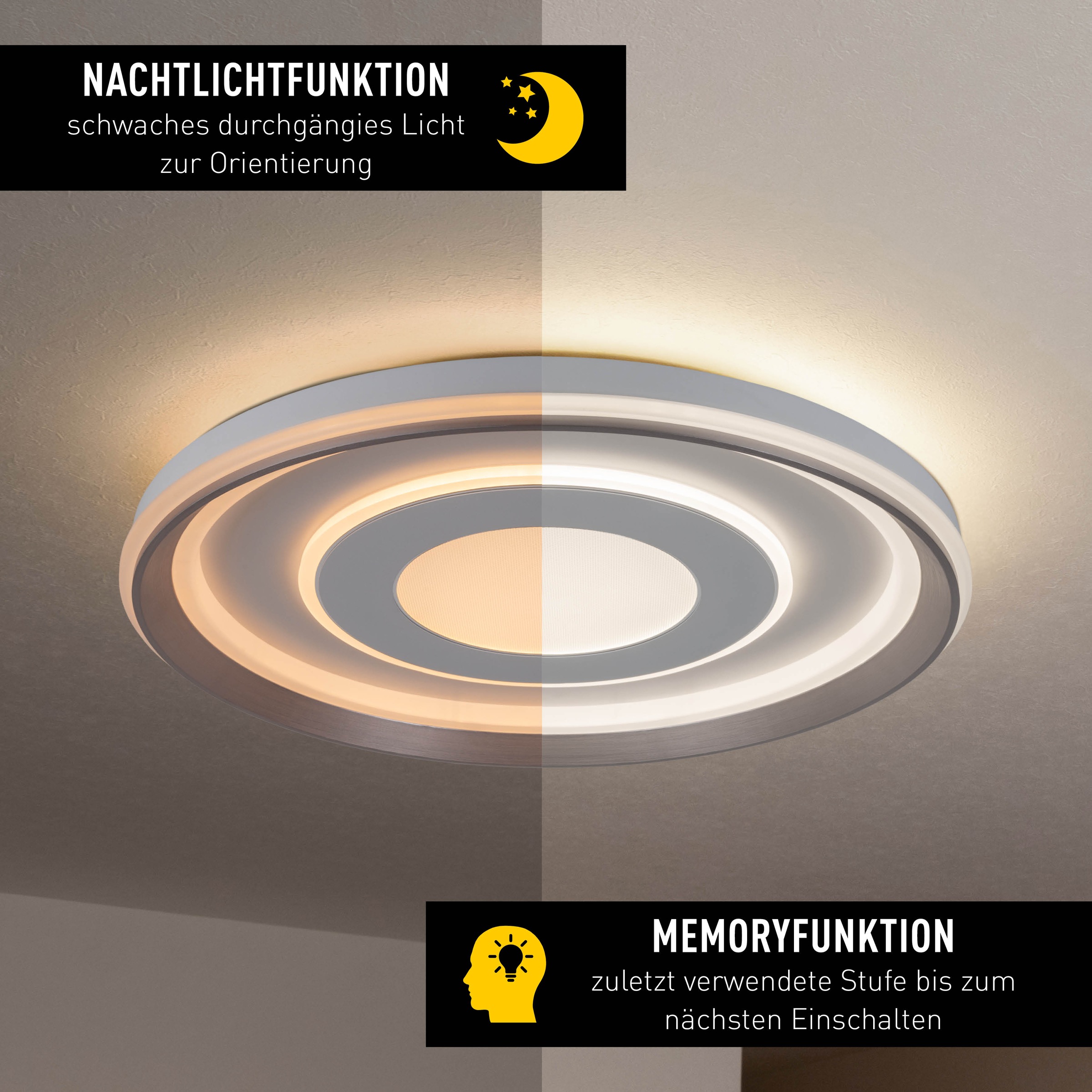 näve LED Deckenleuchte »Doira«, 1 flammig, Leuchtmittel LED-Modul | LED wechselbar, weiß/silber, dimmbar per Fernbedienung (inkl), CCT, Memory, Nachtlicht