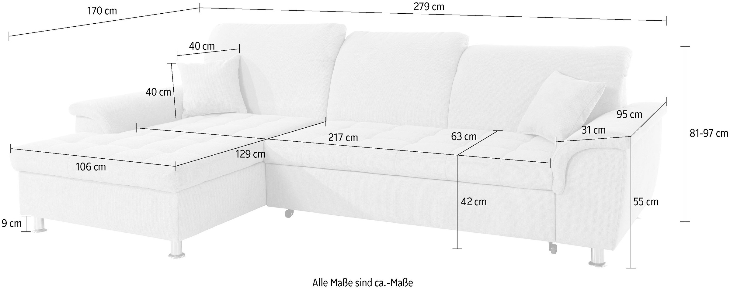 DOMO collection Ecksofa »Franzi L-Form«, wahlweise mit Kopfteilverstellung (dann Tiefe: 170 cm)