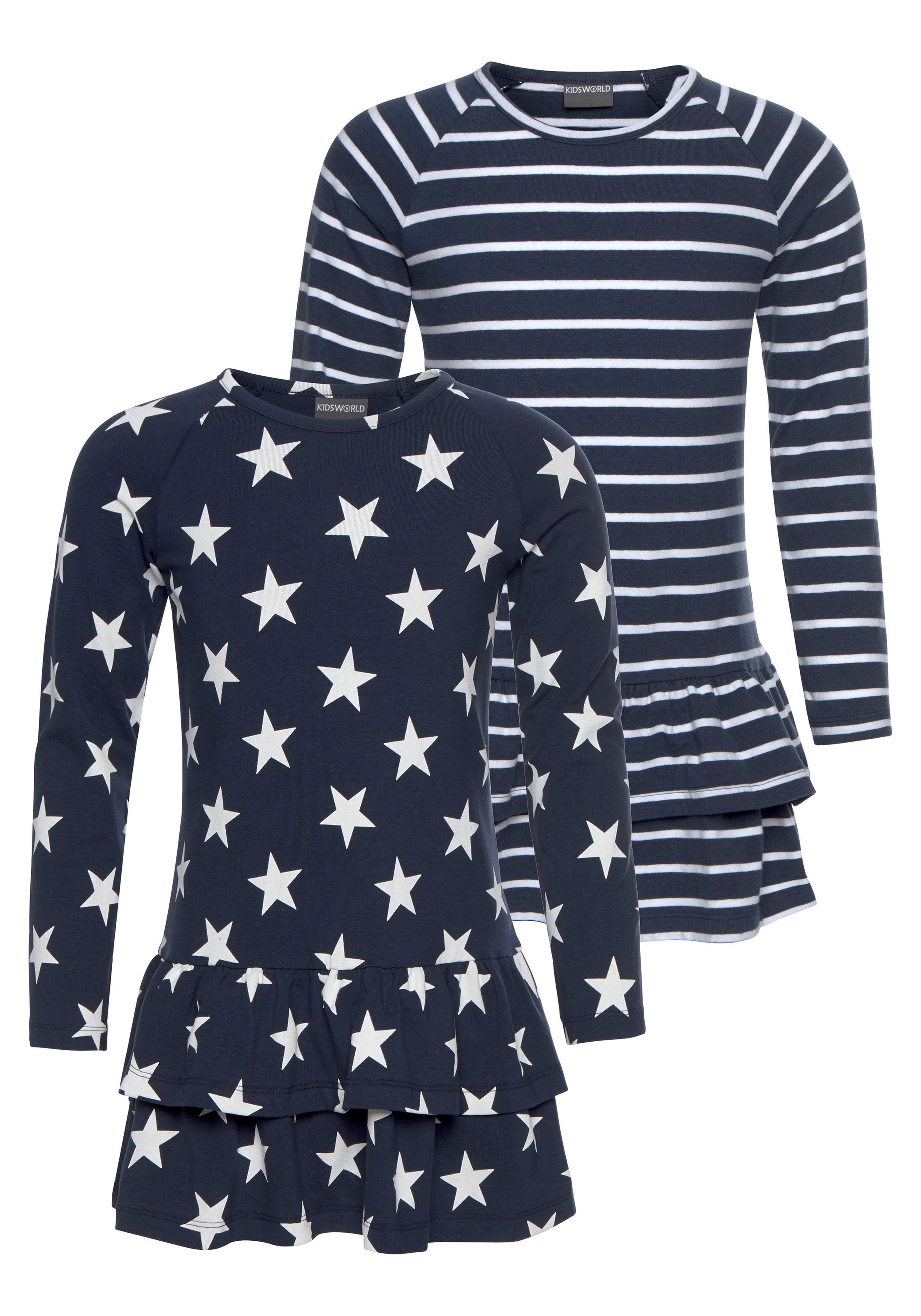 Jerseykleid KIDSWORLD "2er Pack für kleine Mädchen", Mädchen, Gr. 92/98, N-Gr, blau (marine), Jersey, Obermaterial: 95% Baumwolle, 5% Elasthan, bedruckt, geringelt, kniefrei, Rundhals, Raglanärmel abgesteppte Kante, Kleider Jerseykleid, festliche Anlässe,