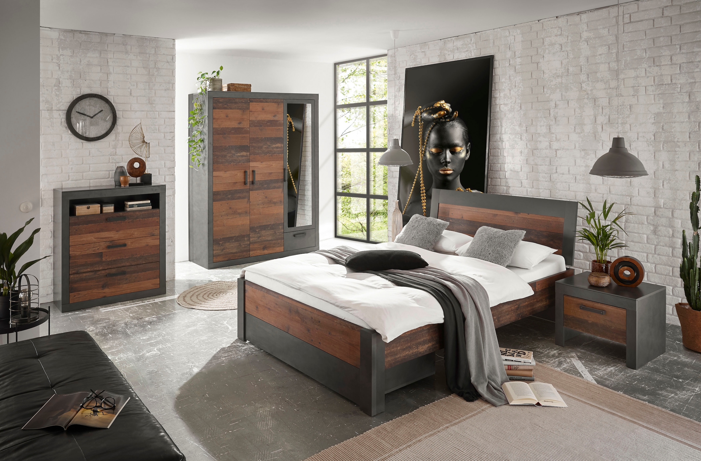 Schlafzimmer-Set »BROOKLYN«, (Set, 5 St.), Bett mit Holzkopfteil und Schublade