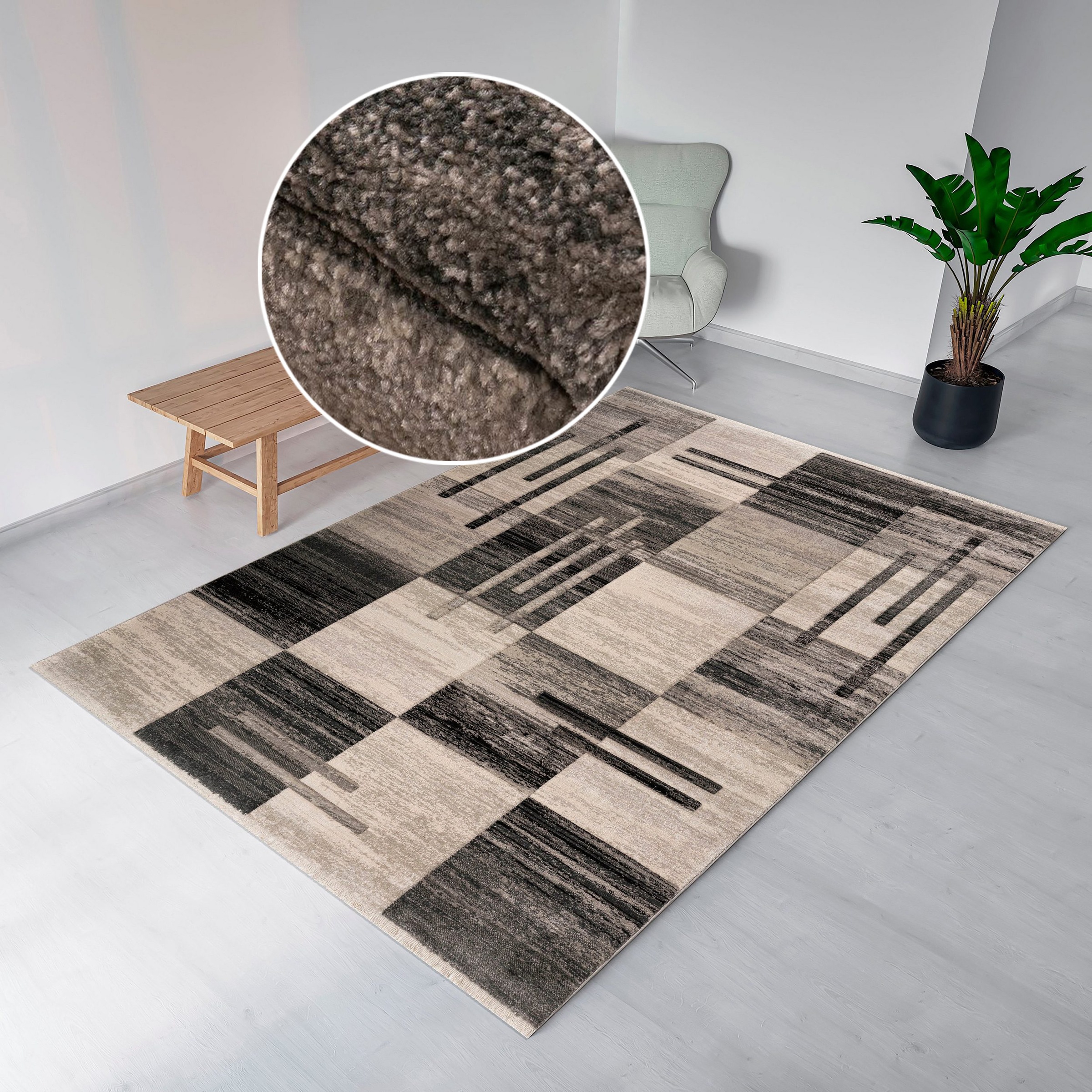 Teppich OTTO HOME "Beliz" Gr. 31, grau, B:100cm H:9mm L:150cm, Kunstfaser, Teppiche, Teppich, mit Konturenschnitt, Kurzflor, 3D-Design, mit Fransen, Wohnzimmer