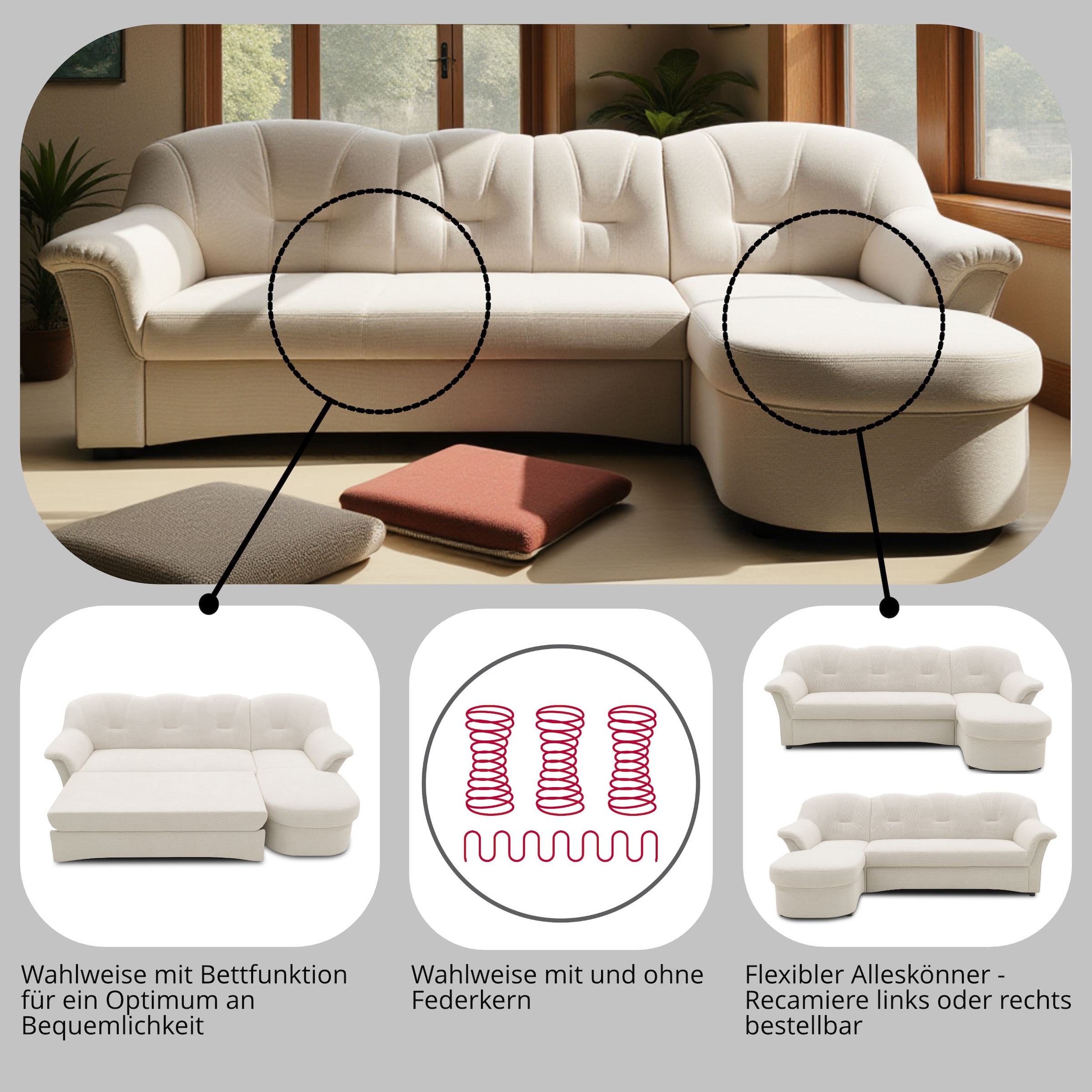 DOMO collection Ecksofa »Flores Schlafsofa, B/T/H: 233/142/86 cm, L-Form«, wahlweise mit Bettfunktion, wahlweise mit Federkern, auch in Leder