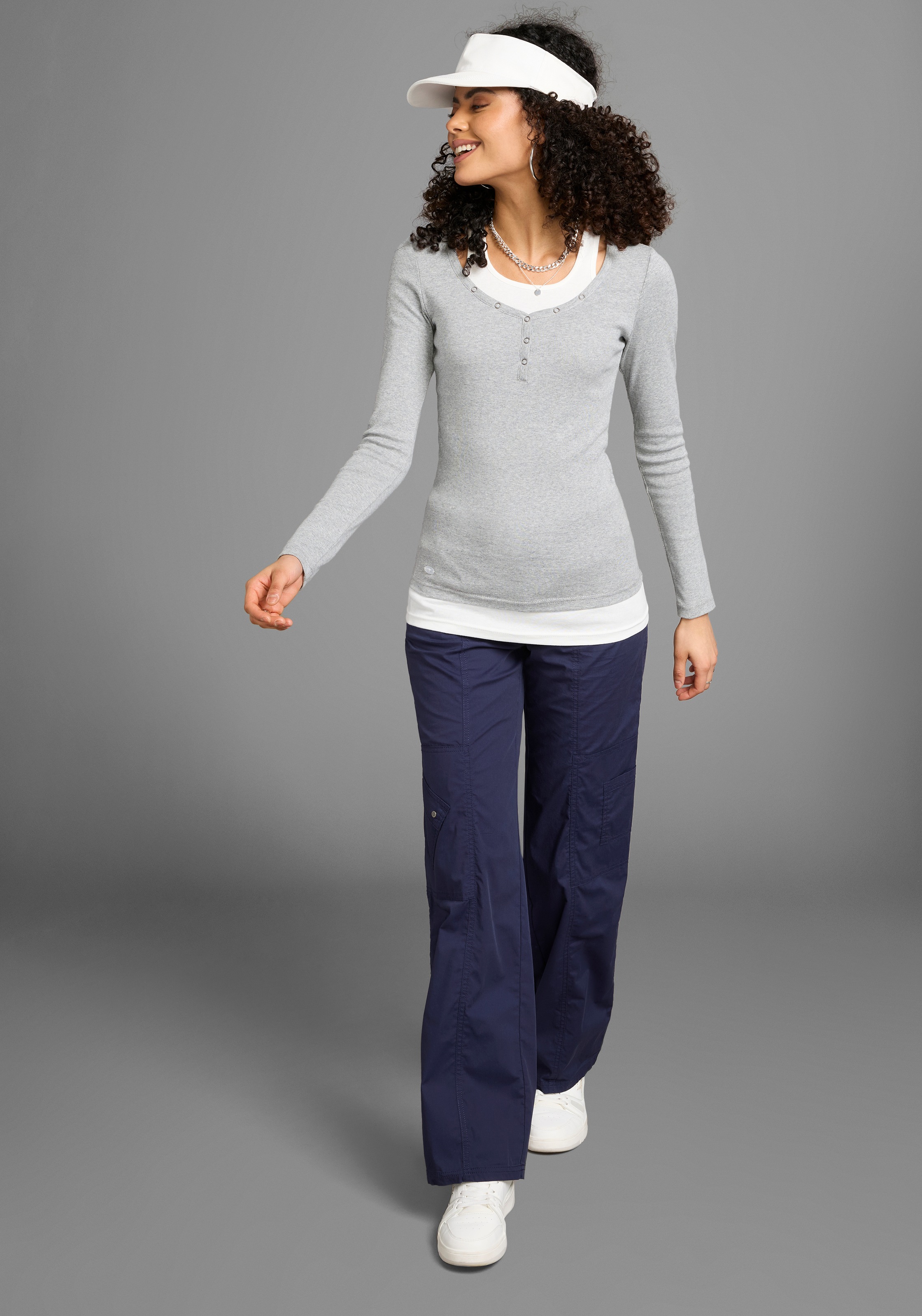 Cargohose KANGAROOS, Damen, Gr. 46, N-Gr, blau (marine), Web, Obermaterial: 50% Baumwolle, 46% Polyamid, 4% Elasthan, kontrastfarbene Details, unifarben, bequem bodenlang, Hosen Cargohose, mit besonderem Taschen-Design, Topseller 2