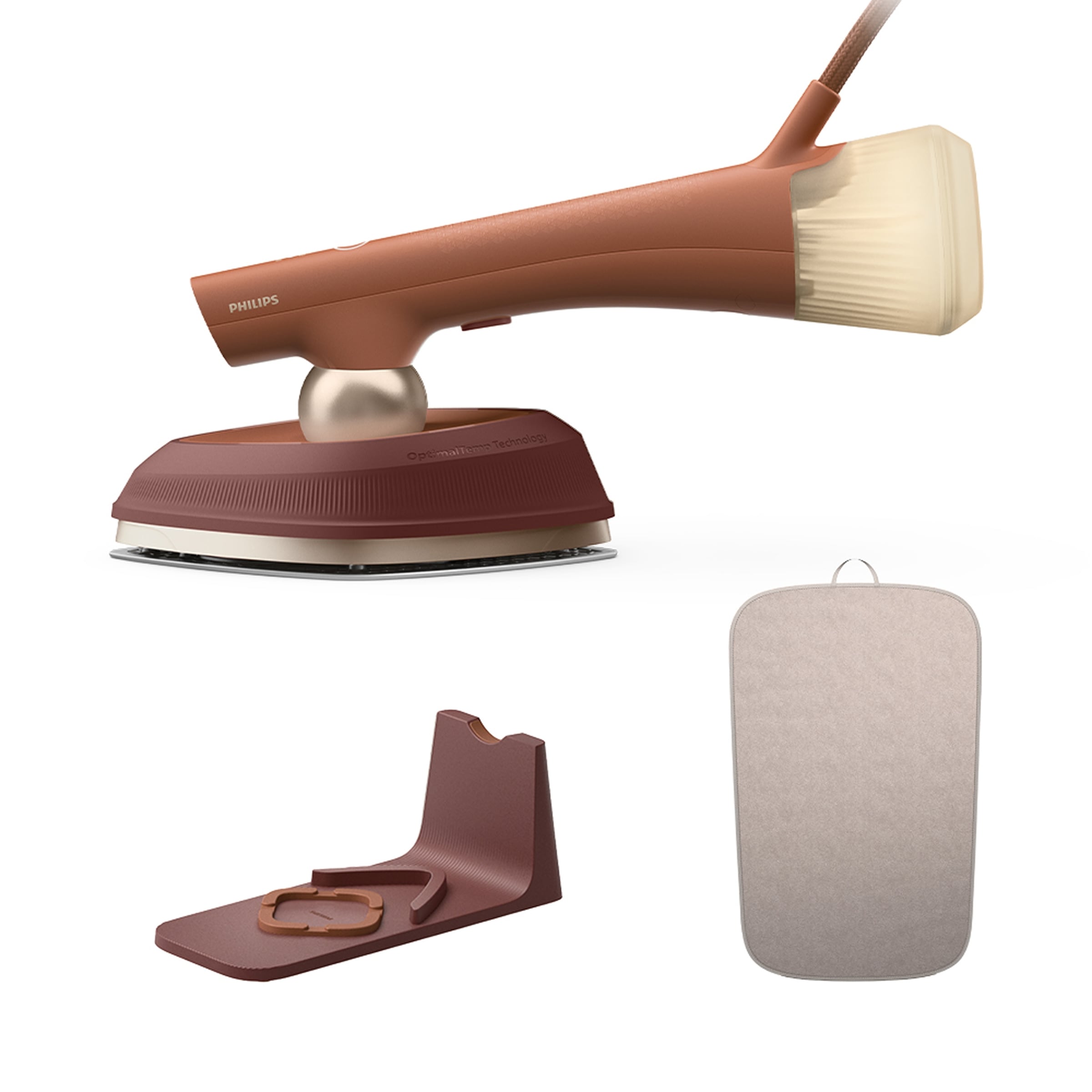 PHILIPS Dampfbügeleisen "GC213/10 OneTurn 2-in-1 Bügeleisen & Steamer, StyleMat & Dock inkl.", terracotta, gold, B:12cm H:17cm T:34cm, Bügeleisen, Ste