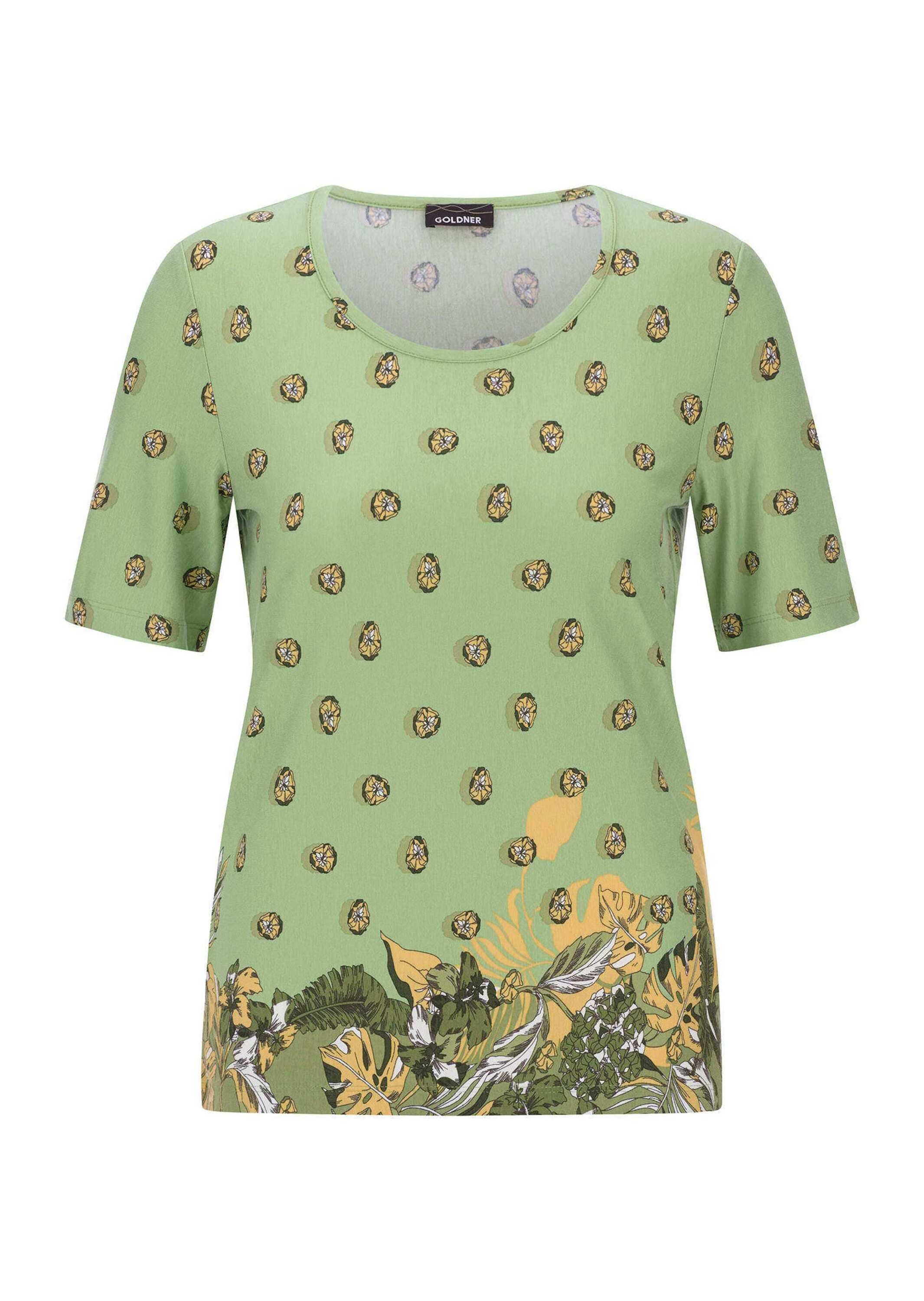 GOLDNER Kurzarmshirt "Viskoseshirt mit Blüten- und Blätter-Print" stretchbequemer Viskosejersey