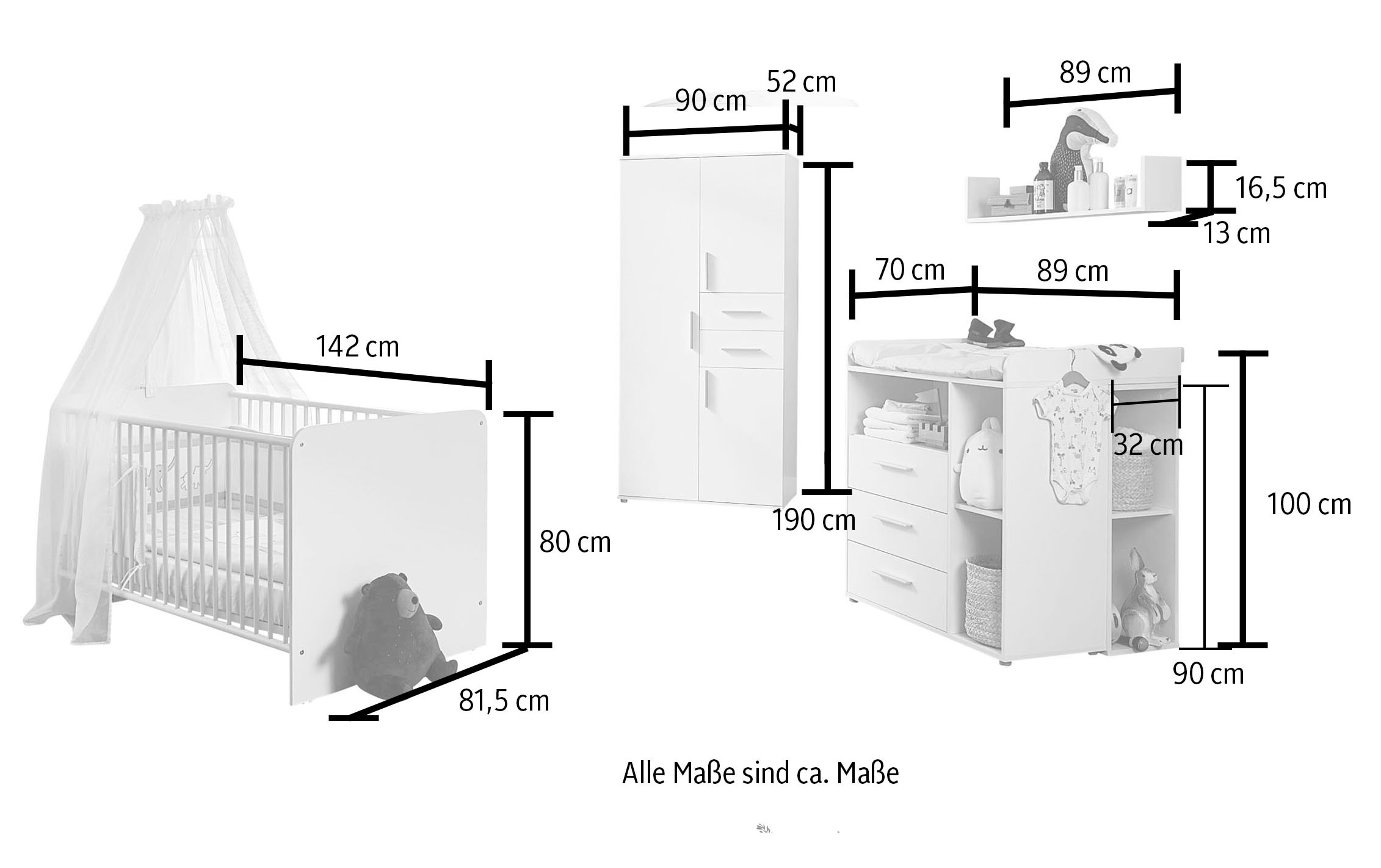 BMG Möbel Babyzimmer-Komplettset »Lea«, (Set, 6 St., Bett, Wickelkommode, Unterbauregale, Schrank, Wandboard), Bett + Wickelkommode + 2x Unterbauregal + 3-trg. Schrank + Wandboard