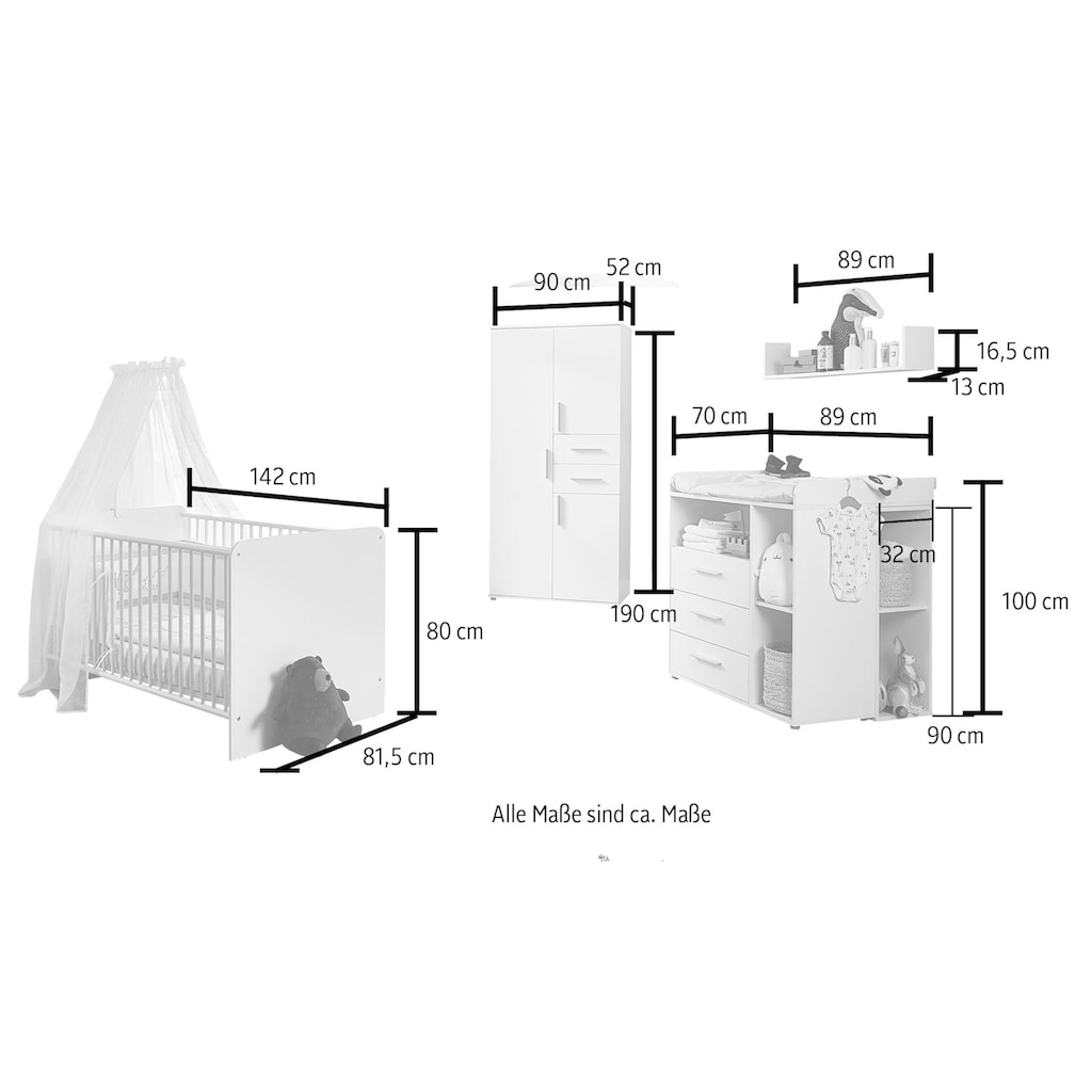 BMG Möbel Babyzimmer-Komplettset »Lea«, (Set, 6 St., Bett, Wickelkommode, Unterbauregale, Schrank, Wandboard)