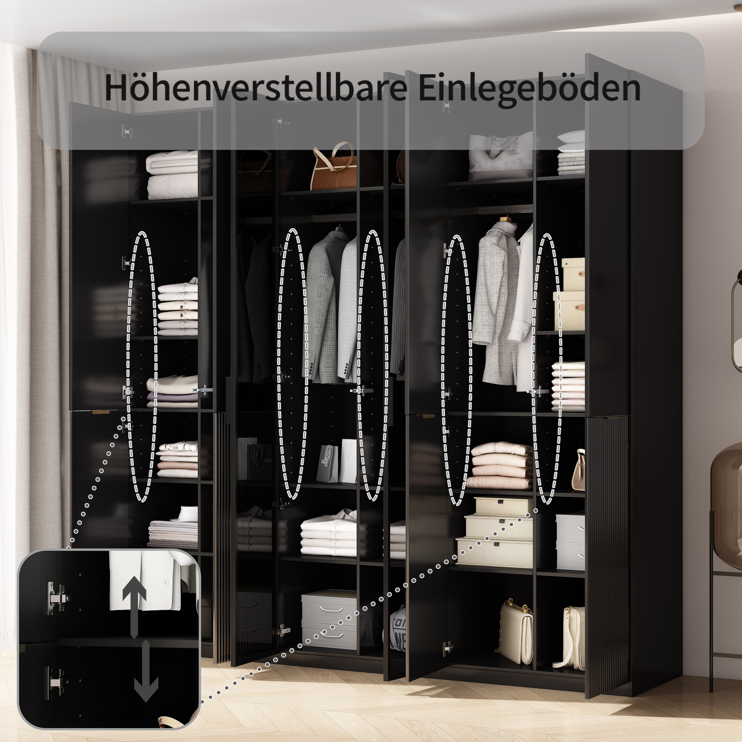 OTTO home Kleiderschrank »Jorella Schlafzimmerschrank Garderobe mit Softclose Türen Glastüren« eleganter Schlafzimmerschrank Rillendesign Trend Breite 241cm Grauglas