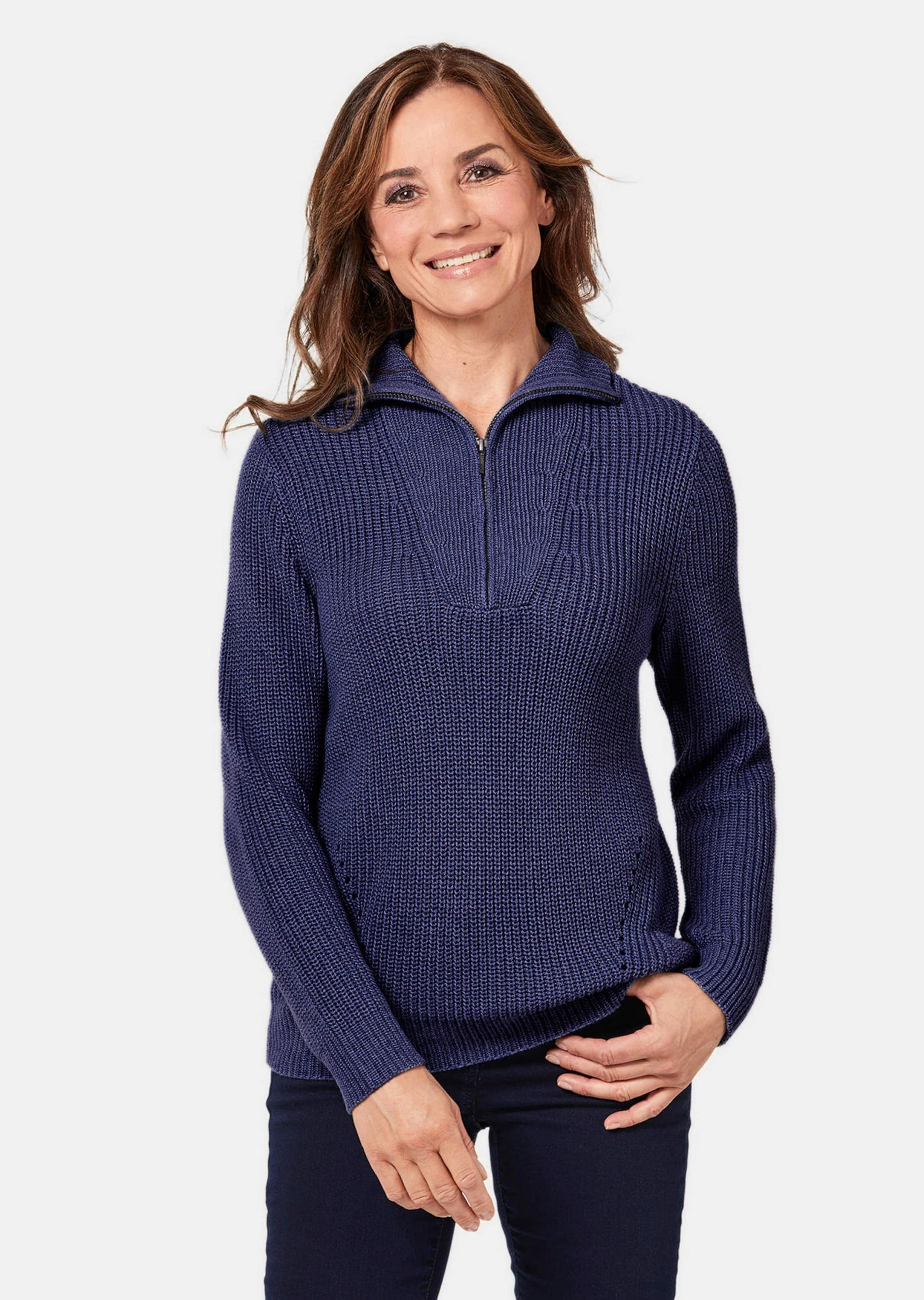 GOLDNER Strickpullover »Kurzgröße Sportiver Troyer mit Baumwollanteil«