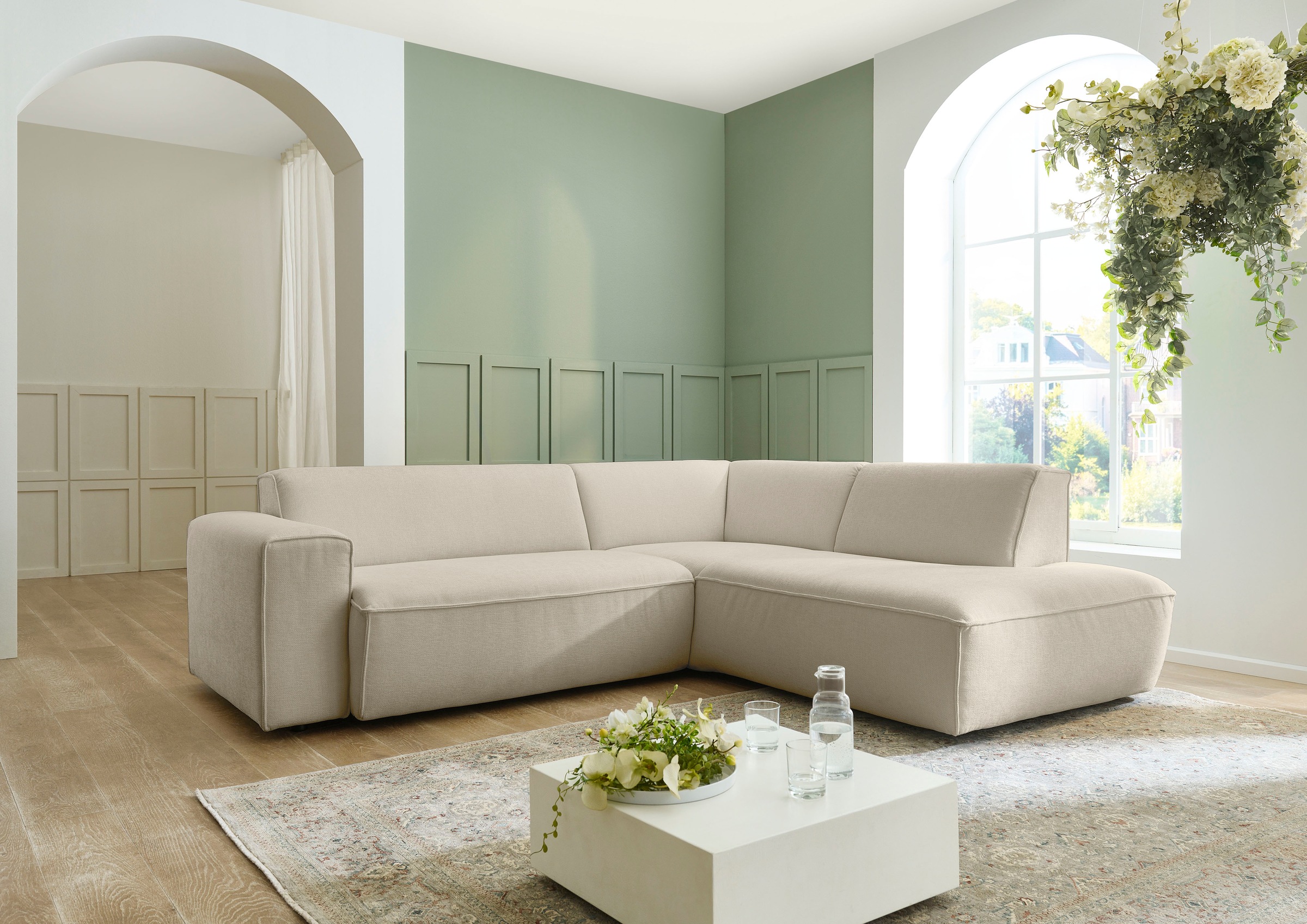 Ecksofa DIE PLANBAR "MP-IN24083", harry beige, B:254cm H:75cm T:227cm, 100% Polyester, Sofas, Ecksofa, SoftSitz-Kaltschaumpolsterung, wahlweise mit motorischer Vorziehbank