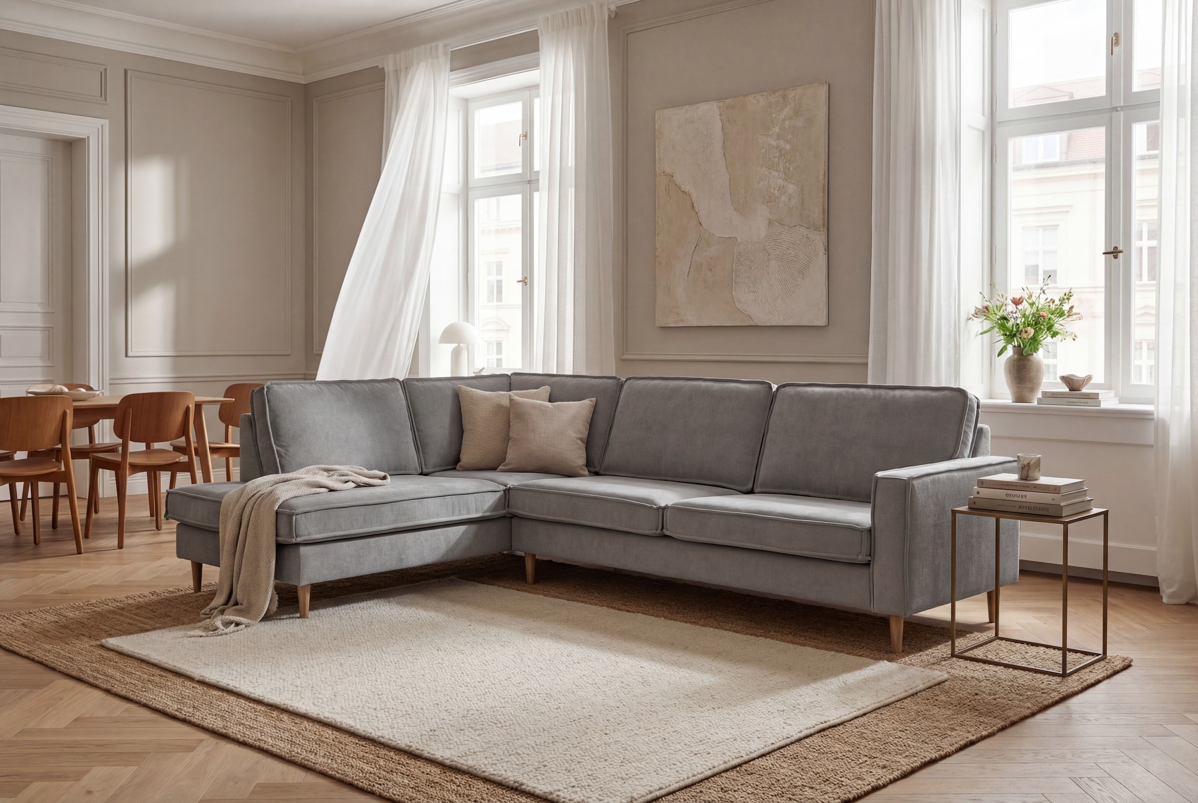 OTTO home Ecksofa "Pinto Skandi, 290 cm, Chenille, Struktur, Ottomane links / rechts" mit Keder, Massivholzfüße Eiche geräuchert, Wellenunterfederung