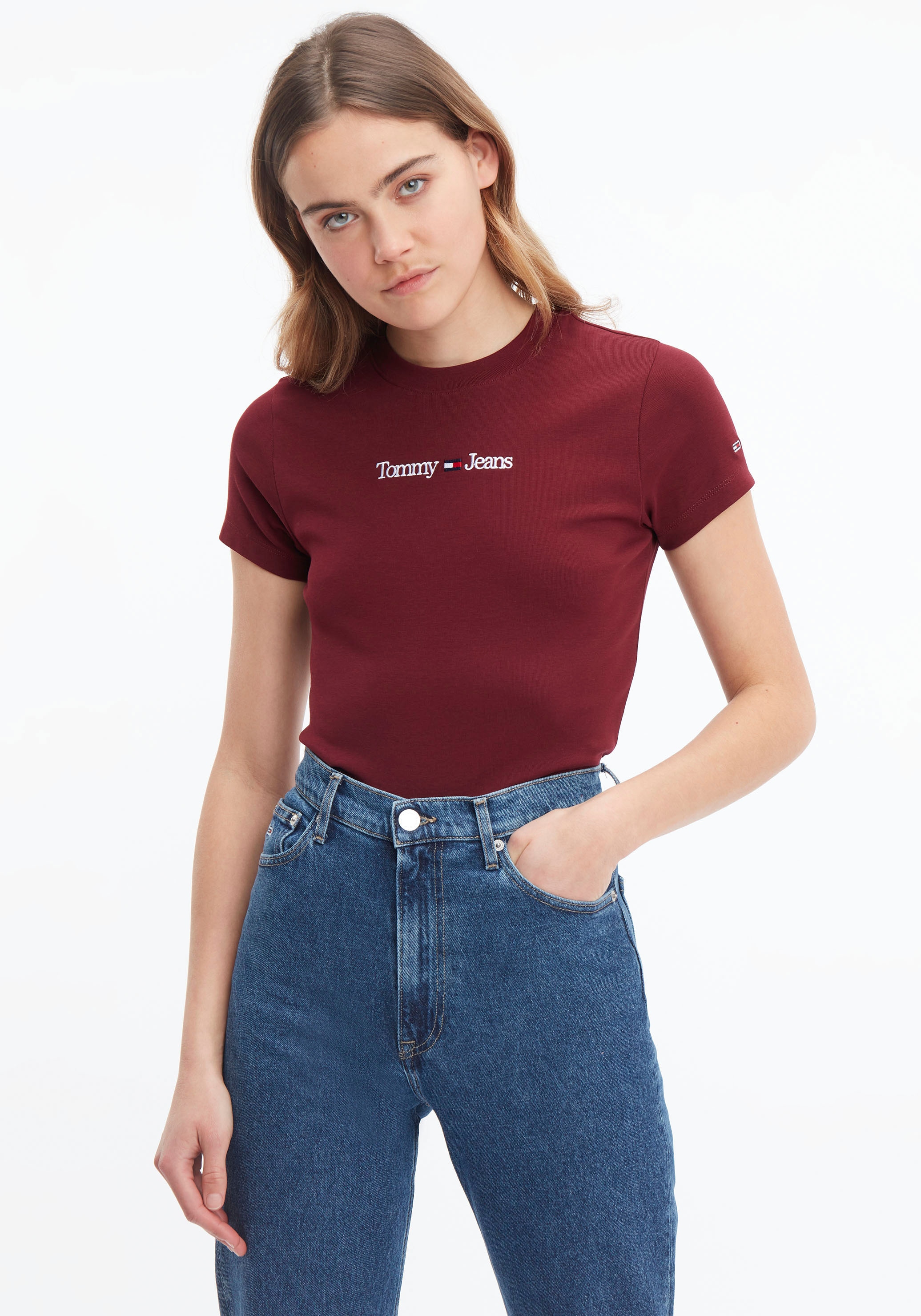 Tommy BABY Tommy bestellen dezenten BAUR | Kurzarmshirt Jeans SERIF Stickereien LINEAR SS«, Jeans mit »TJW