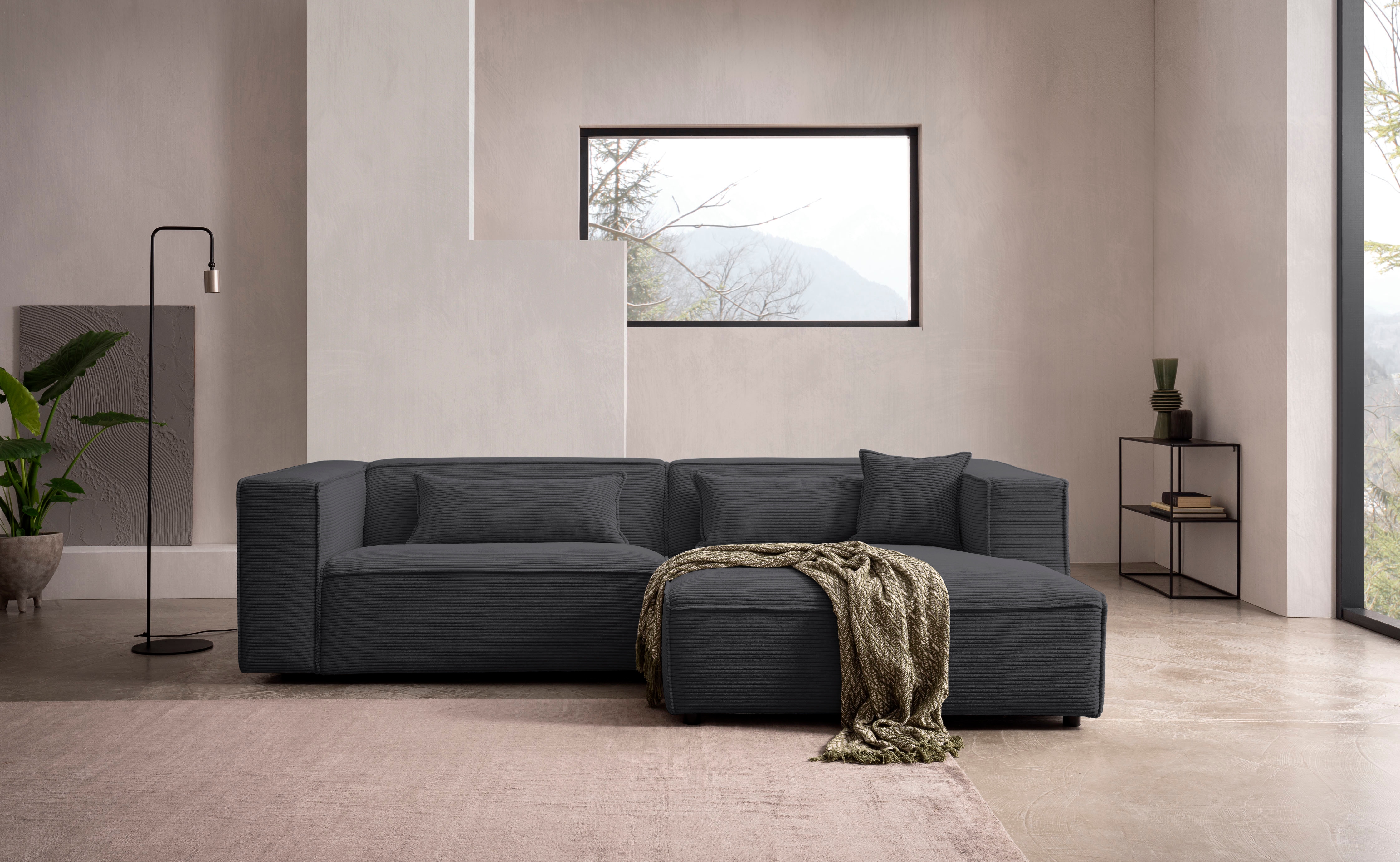LeGer Home by Lena Gercke Ecksofa "PIARA Cord mit Kedernaht L-Form" wahlweise Ottomane rechts/links, schwarze Füße, bequemer Sitzkomfort