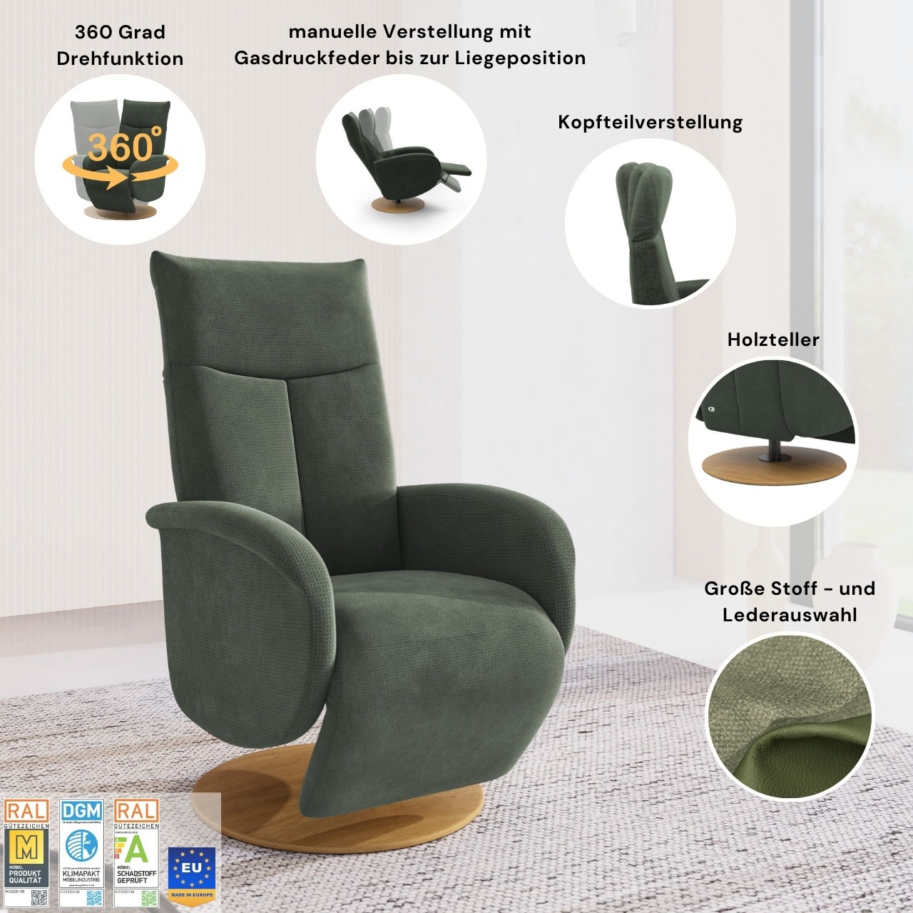 TV-Sessel HOME AFFAIRE "Glendale", hellgrün, B:75cm H:112cm T:82cm, 100% Polyester, Sessel, wahlweise mit Aufstehhilfe, 2 Motoren und Akku 3