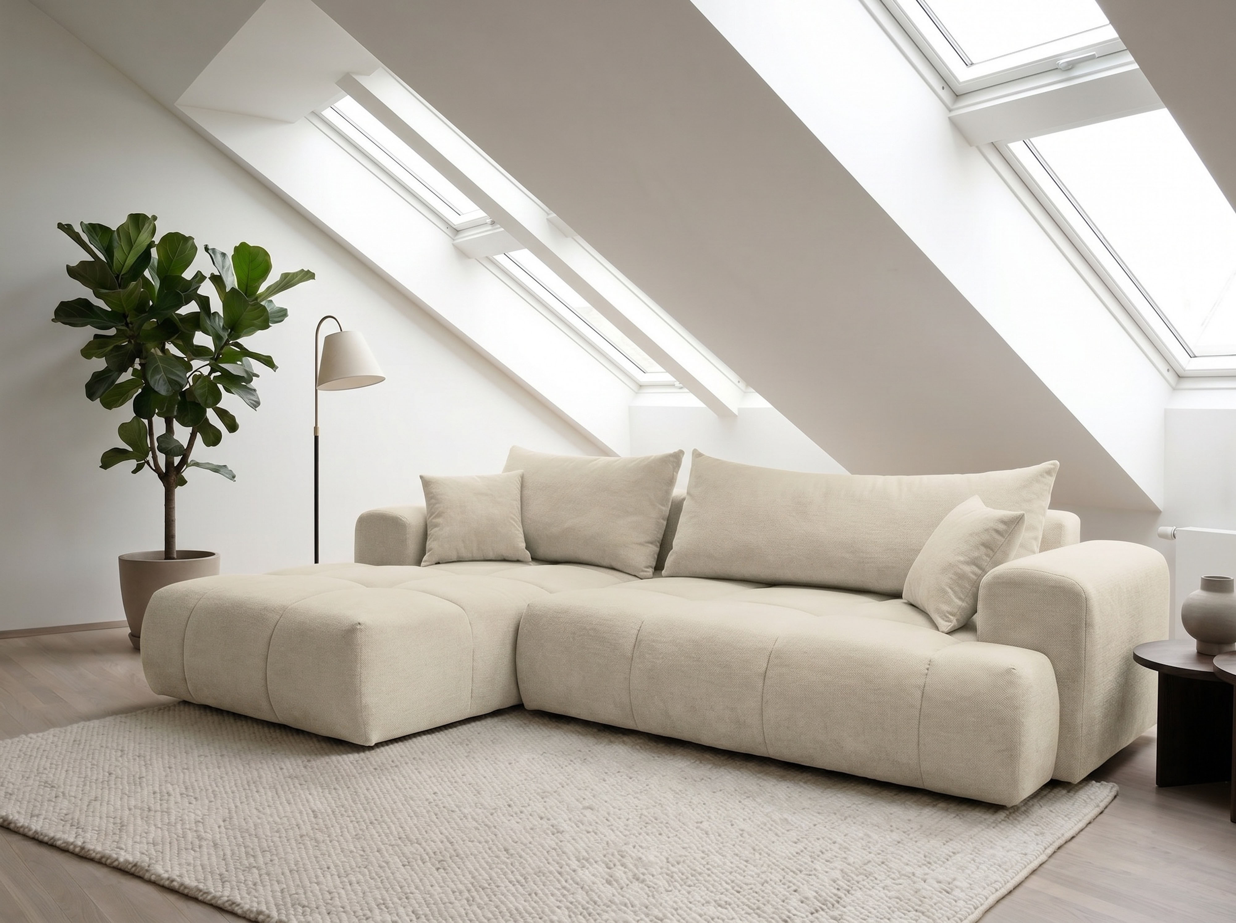 WERK2 Ecksofa "Ewela-Bubble 265 x 145 cm modern und bequem" Bouclé, L-Form, Schlaffunktion, Bettkasten