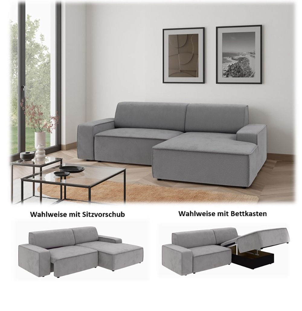 TRENDMANUFAKTUR Ecksofa »Graz, wahlweise mit Sitzvorschub und Bettkasten, L-Form, Breite 246 cm«, in Cord-, haustierfreundlichem LEO Struktur- oder LUMOS-3D-Bezug