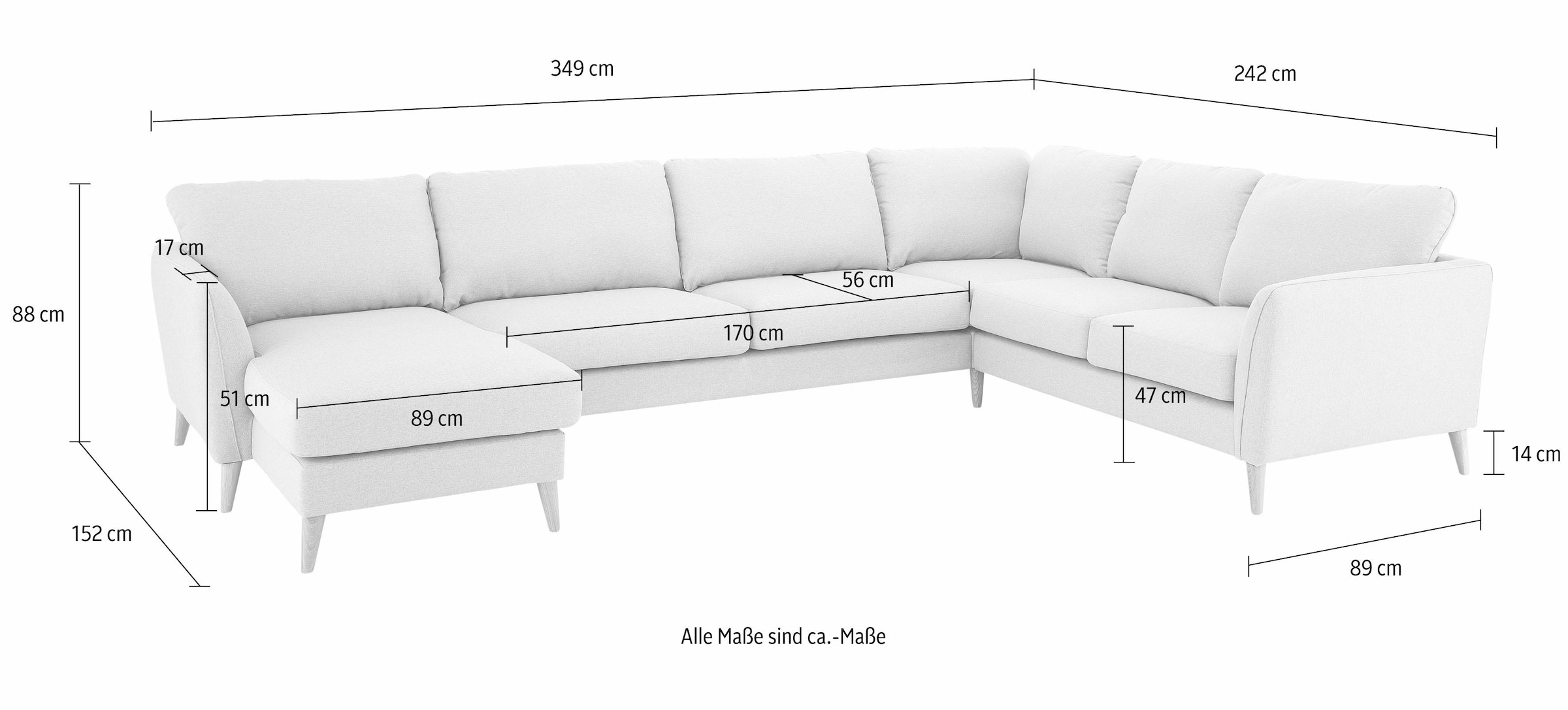 Home affaire Wohnlandschaft »MARSEILLE XXL 349cm, U-Form, Ottomane rechts/links wählbar«, Massivholzbeine Eiche, Landhausstil, Wellenunterfederung